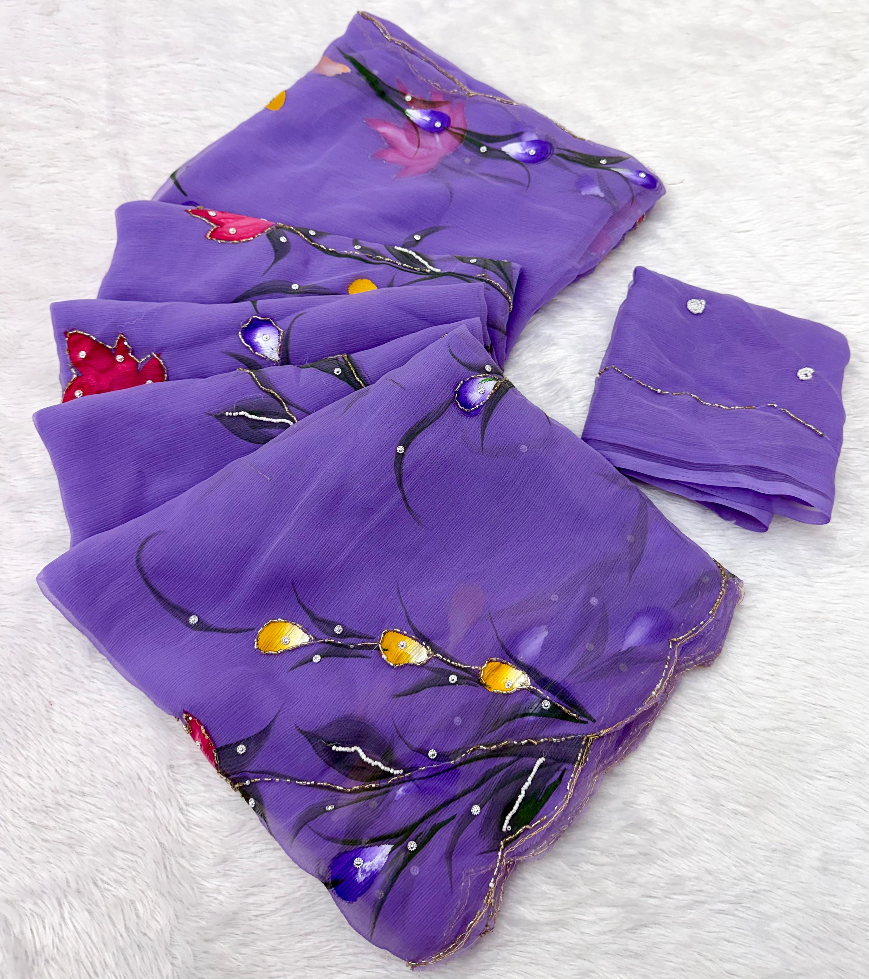 Soft Pure Chiffon Handwork Light Weight Sarees