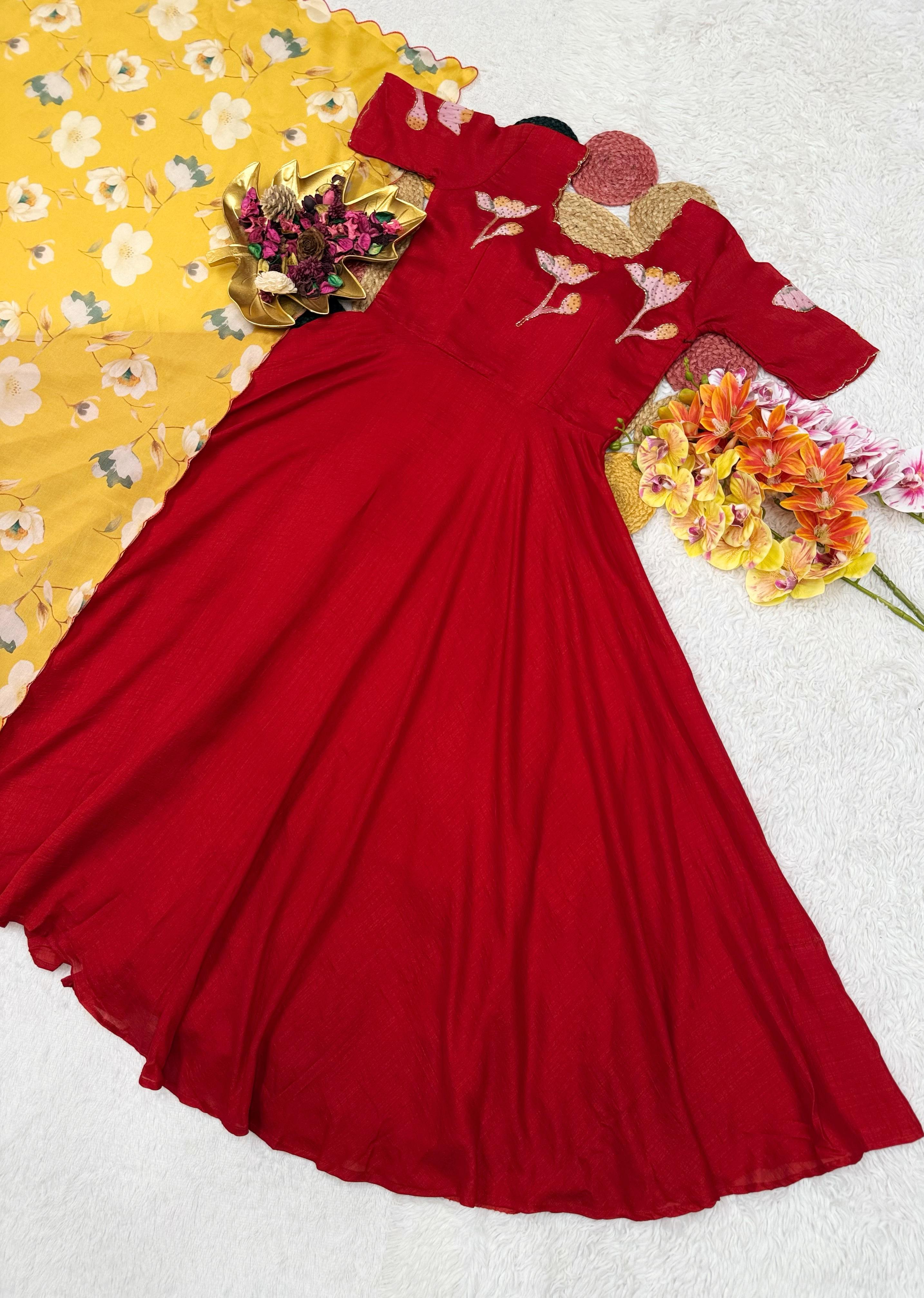 Beautiful Vichitra Hand painted Maggam Work Gown with Dupatta