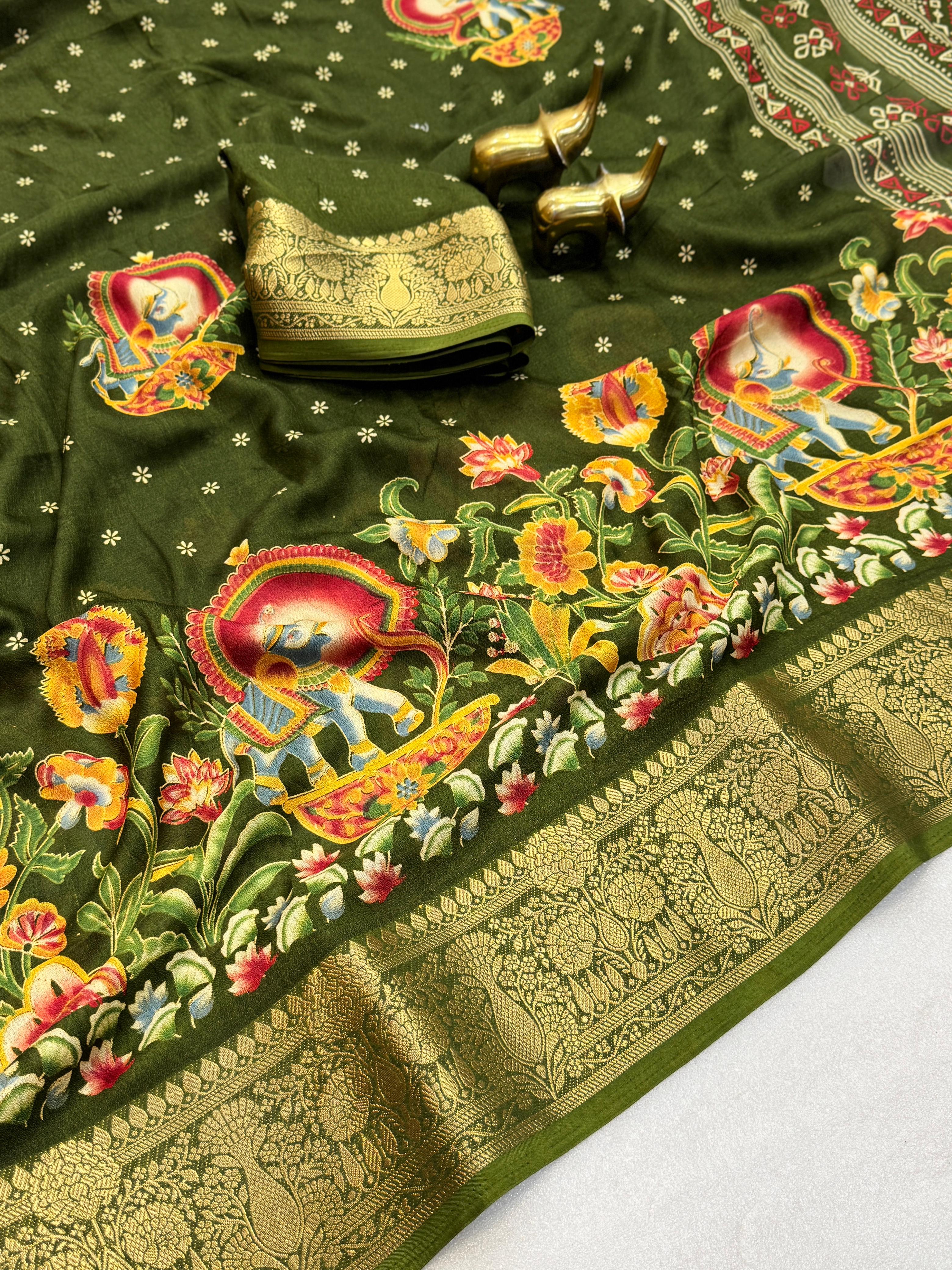 MASSMELLO SELF JEQURED SAREE HEAVY JEQ BORDER KALMKARI PRINT SAREE 