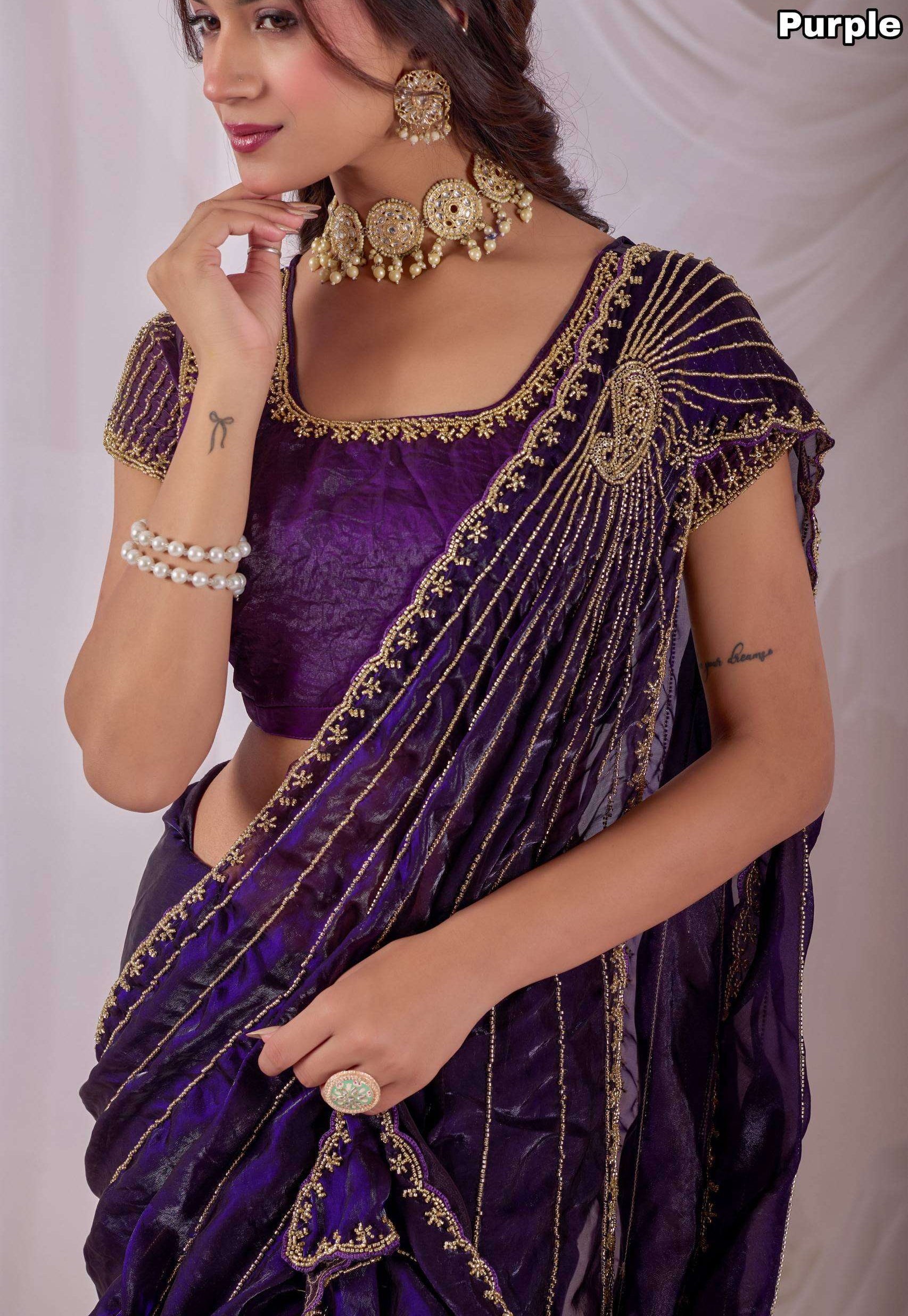 Space Silk Sarees with Cutdana Handwork & Maggam Work
