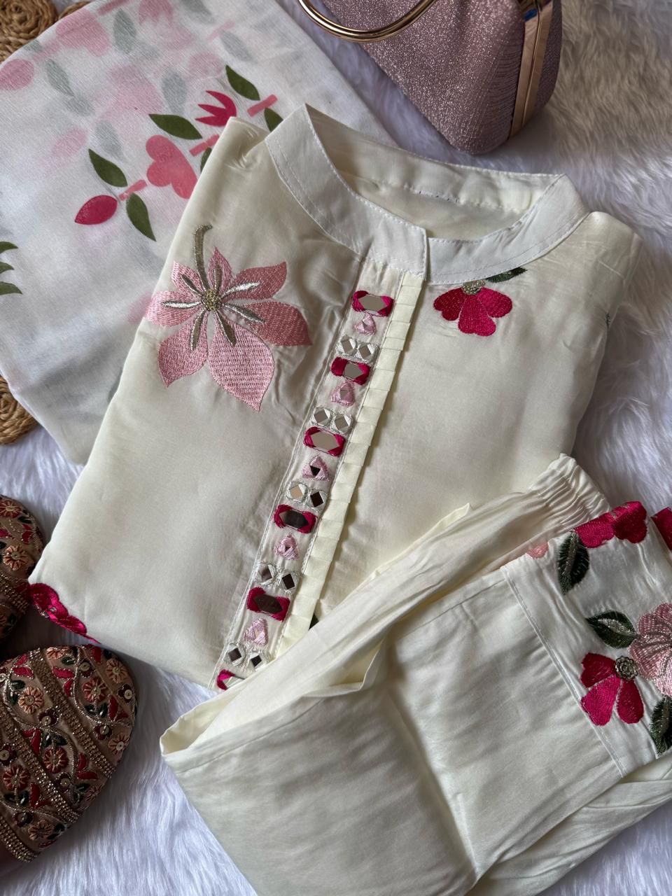 Cream Premium Designer Kurti Set