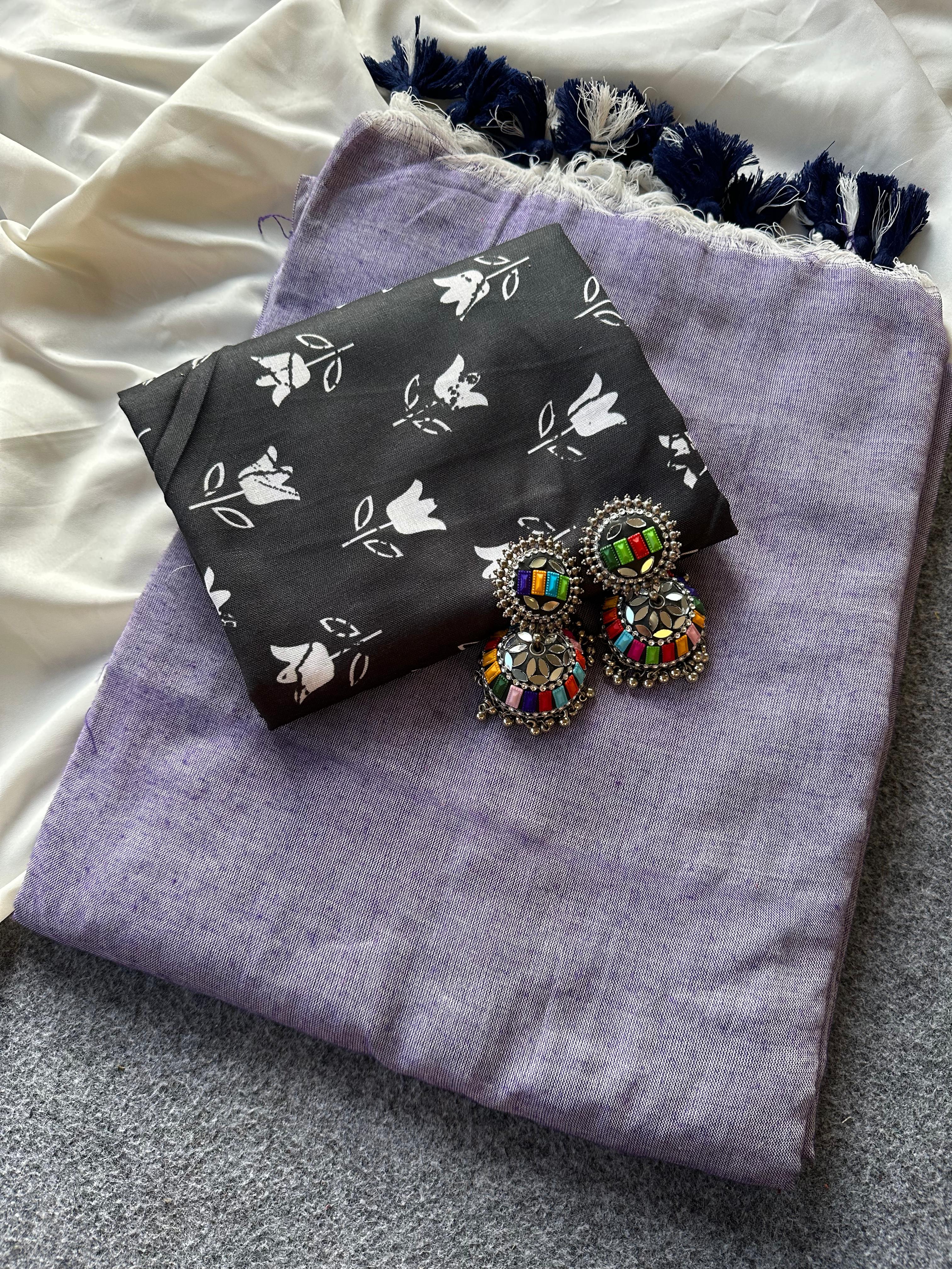 Soft Khadi Cotton Sarees with Print Blouse