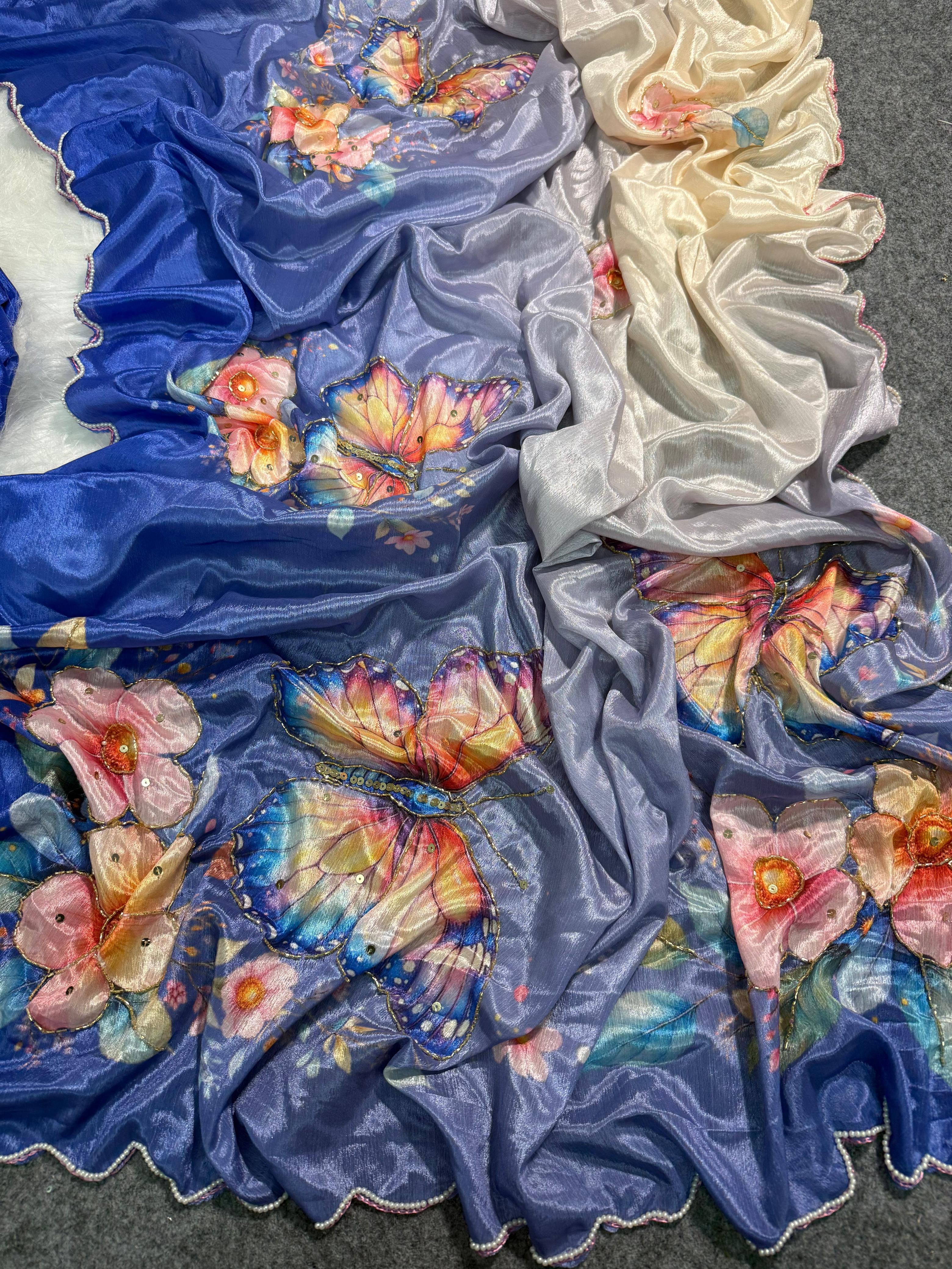 Soft Georgette Malai Silk with Beautiful Floral & Butterfly Design with Cutdana Work