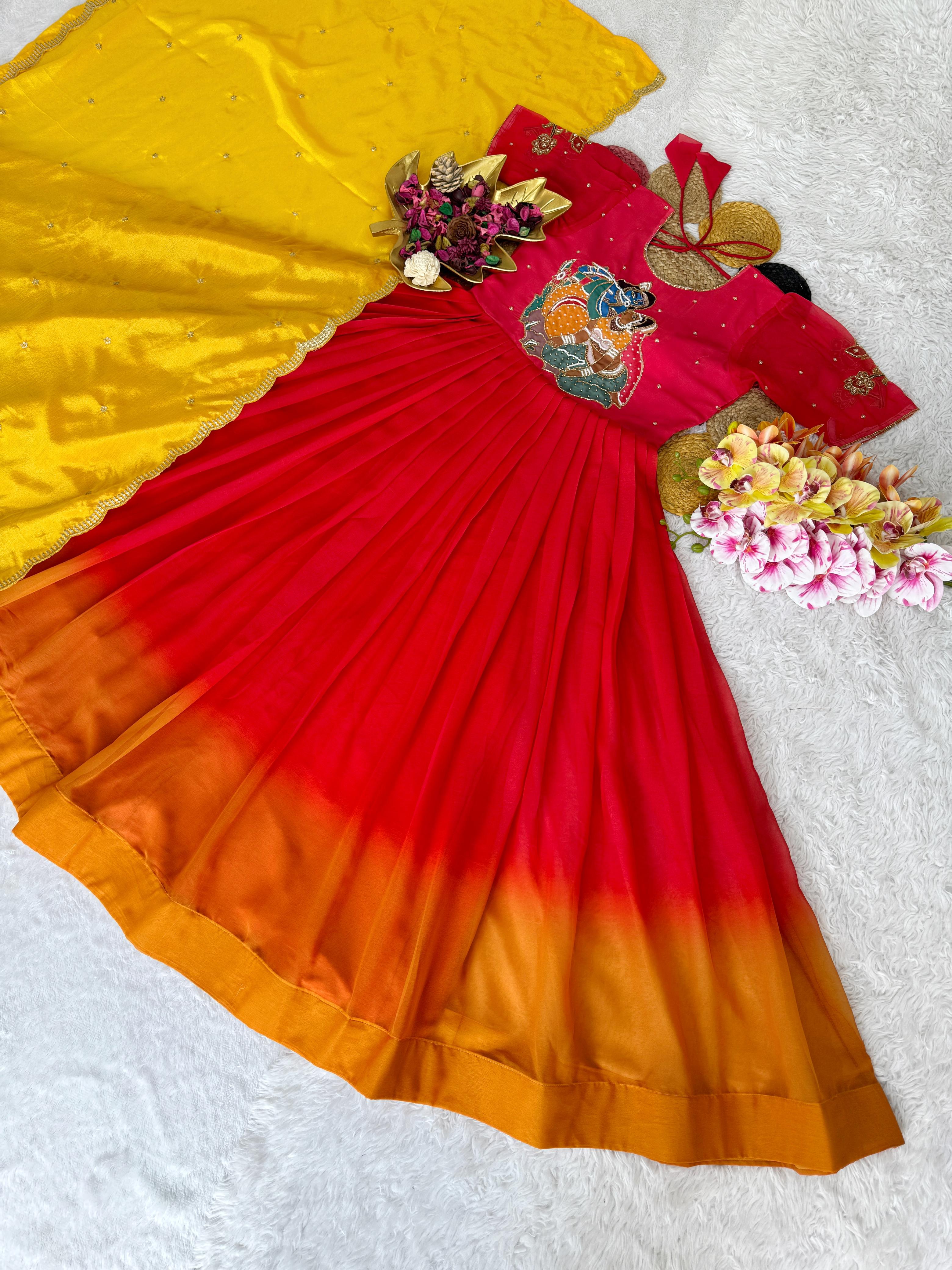 Beautiful Festive Special Radha Krishna Maggam Work Gown