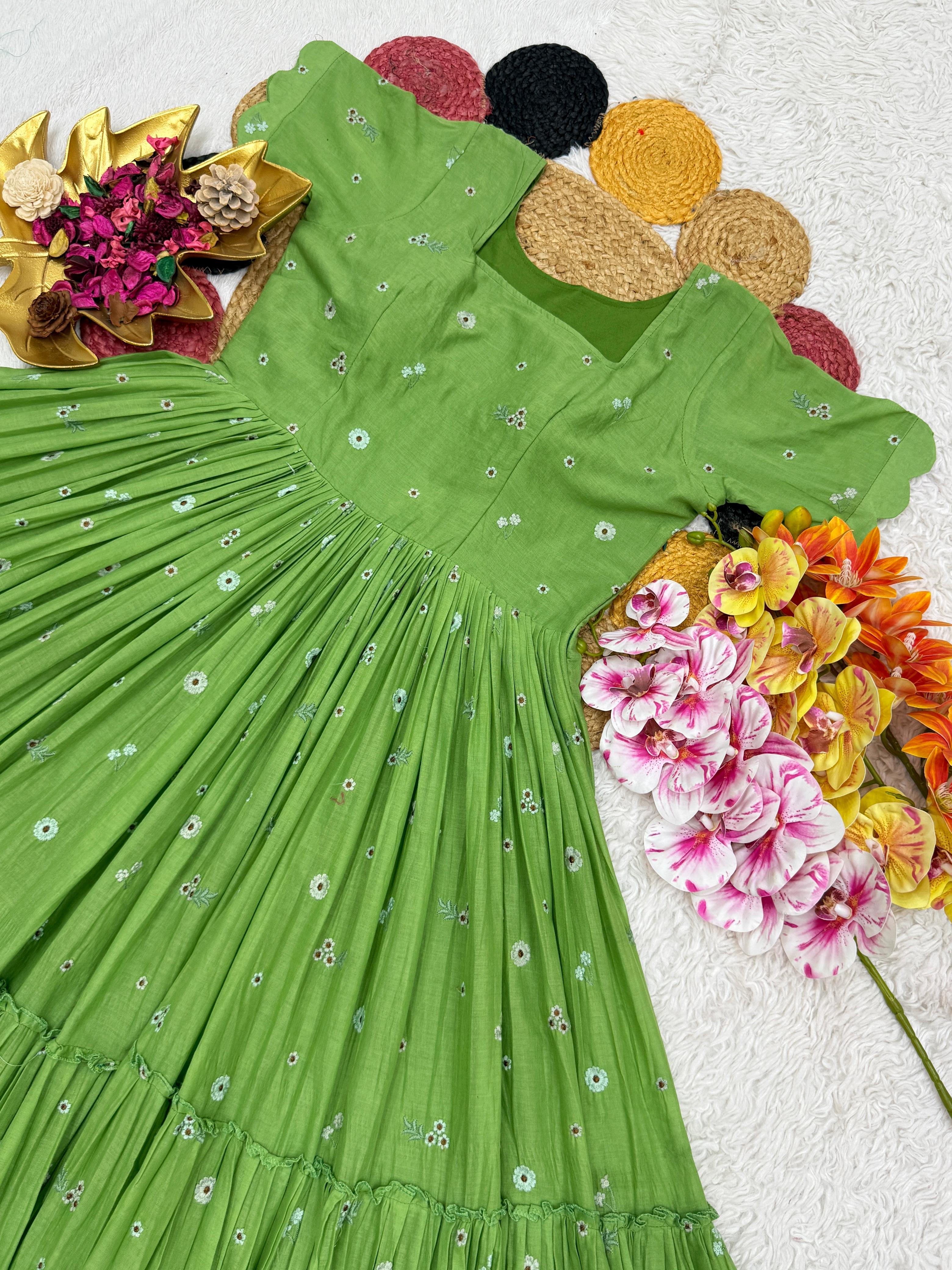 Special Mull Chanderi Gown With Floral Thread Weave