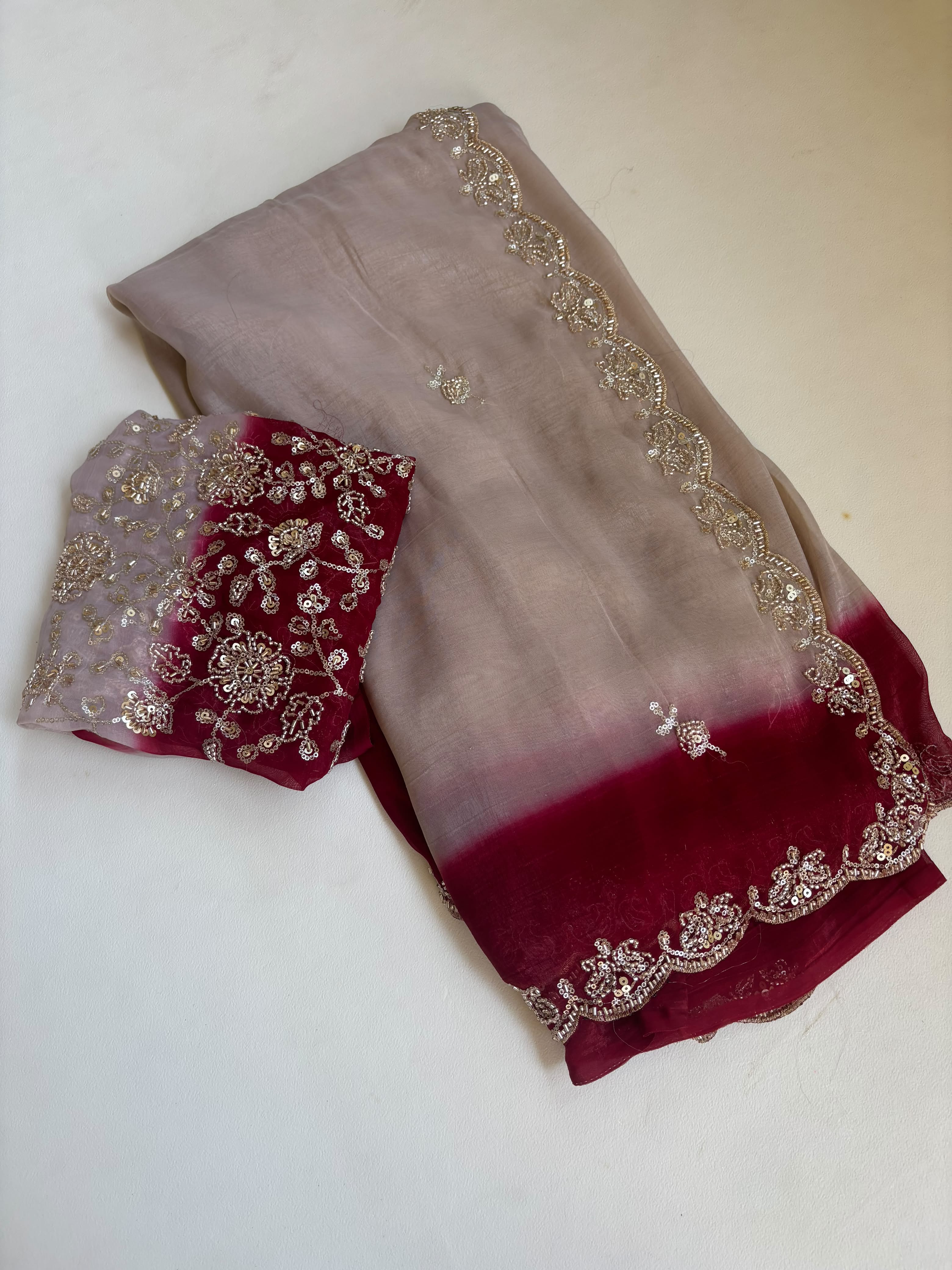 Elegant Fendy Satin Saree with beautiful sequence beats work Paired with unstitched 0.90 meter blouse piece