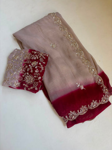 Elegant Fendy Satin Saree with beautiful sequence beats work Paired with unstitched 0.90 meter blouse piece