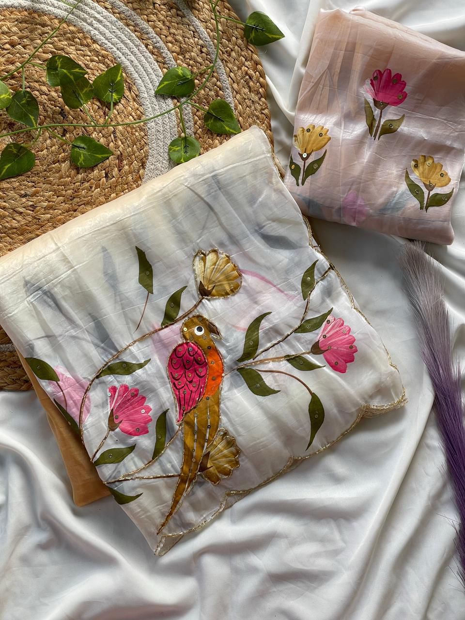 Designer brush painted crush saree