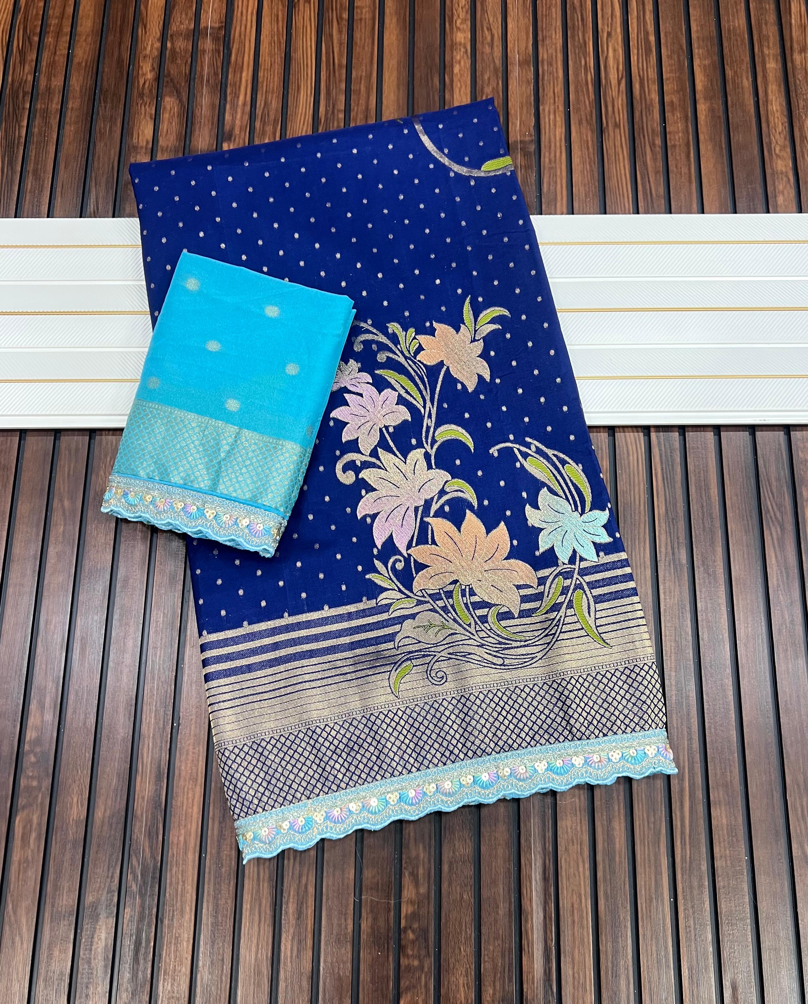 Premium Khadi Georgette Saree with Beautiful Lace Border