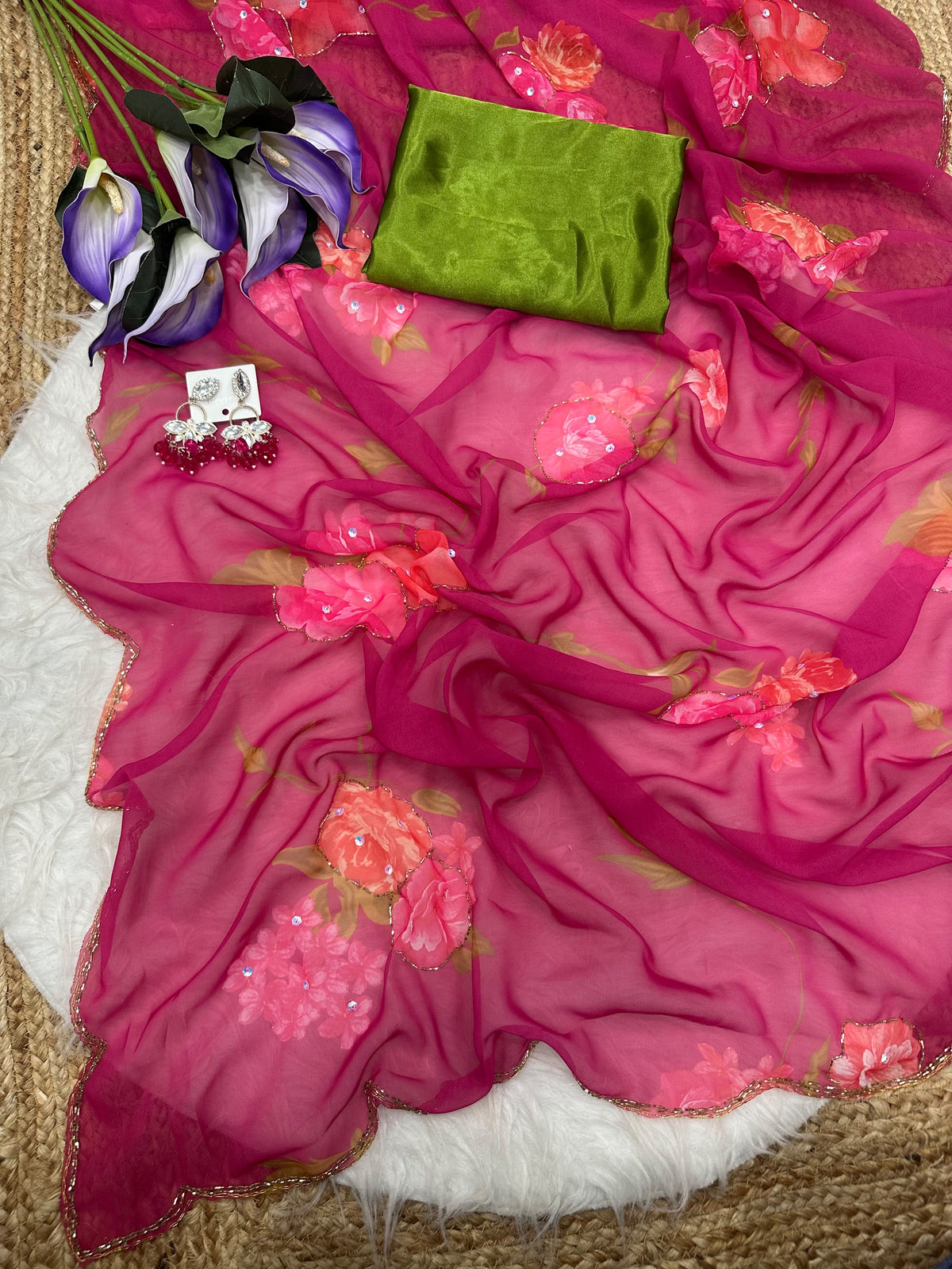 Soft Georgette Sarees with Digital Print & Designer Valmoti Handwork