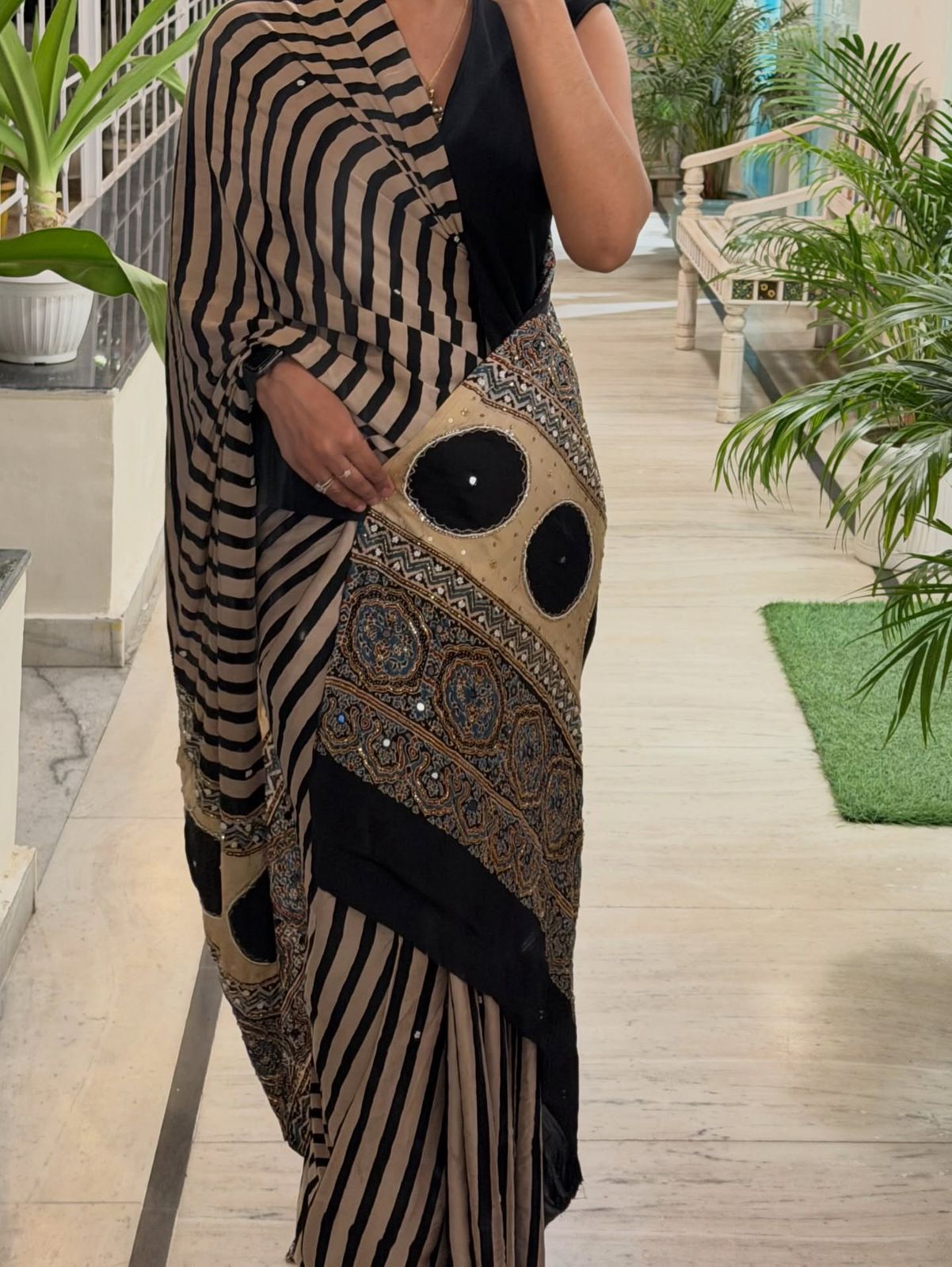 New Ajrakh Designer Handwork Party Wear Saree with Original Mirror Work