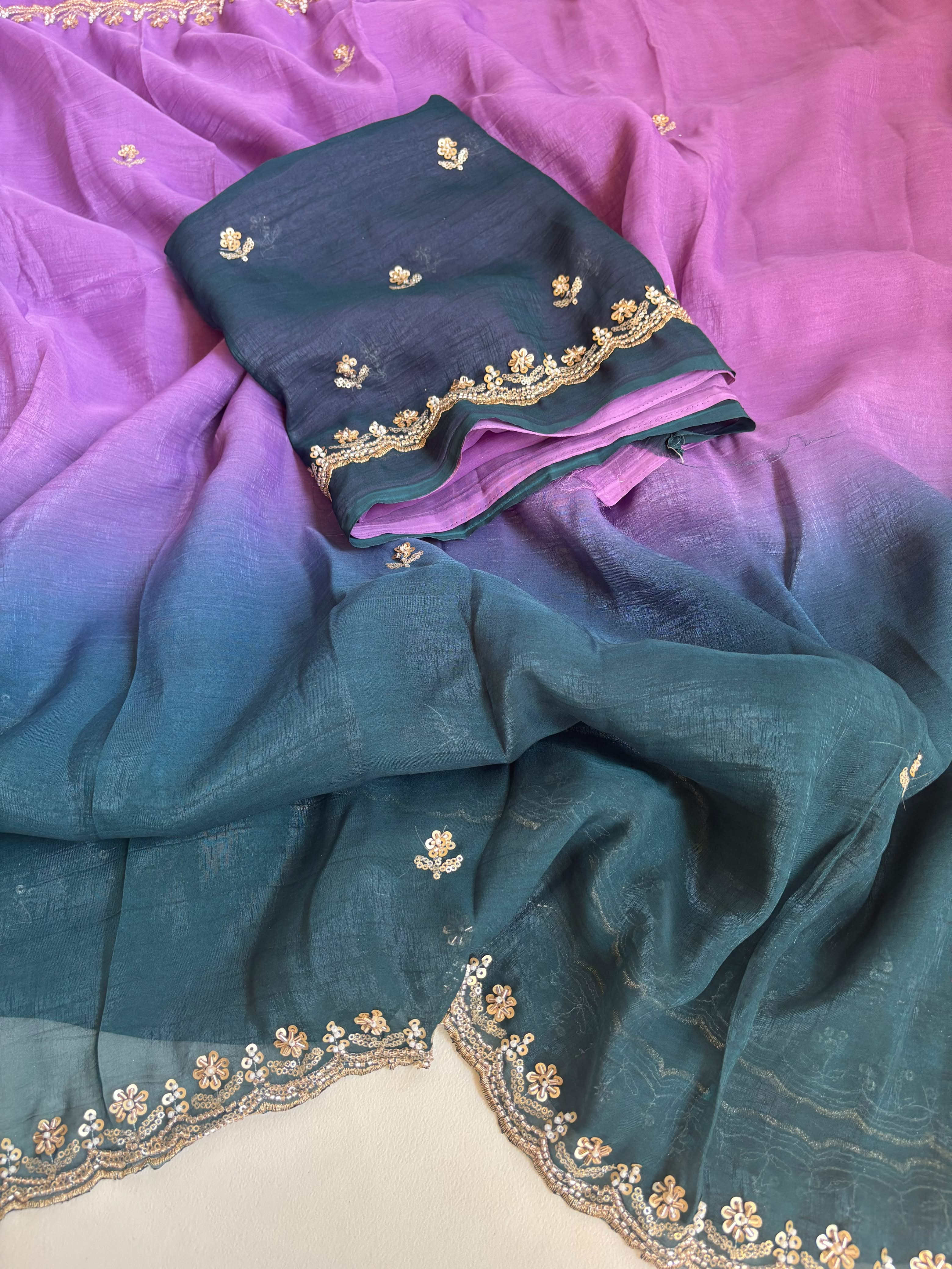 Elegant Fendy Satin Saree with beautiful sequence beats work Paired with unstitched 0.90 meter blouse piece