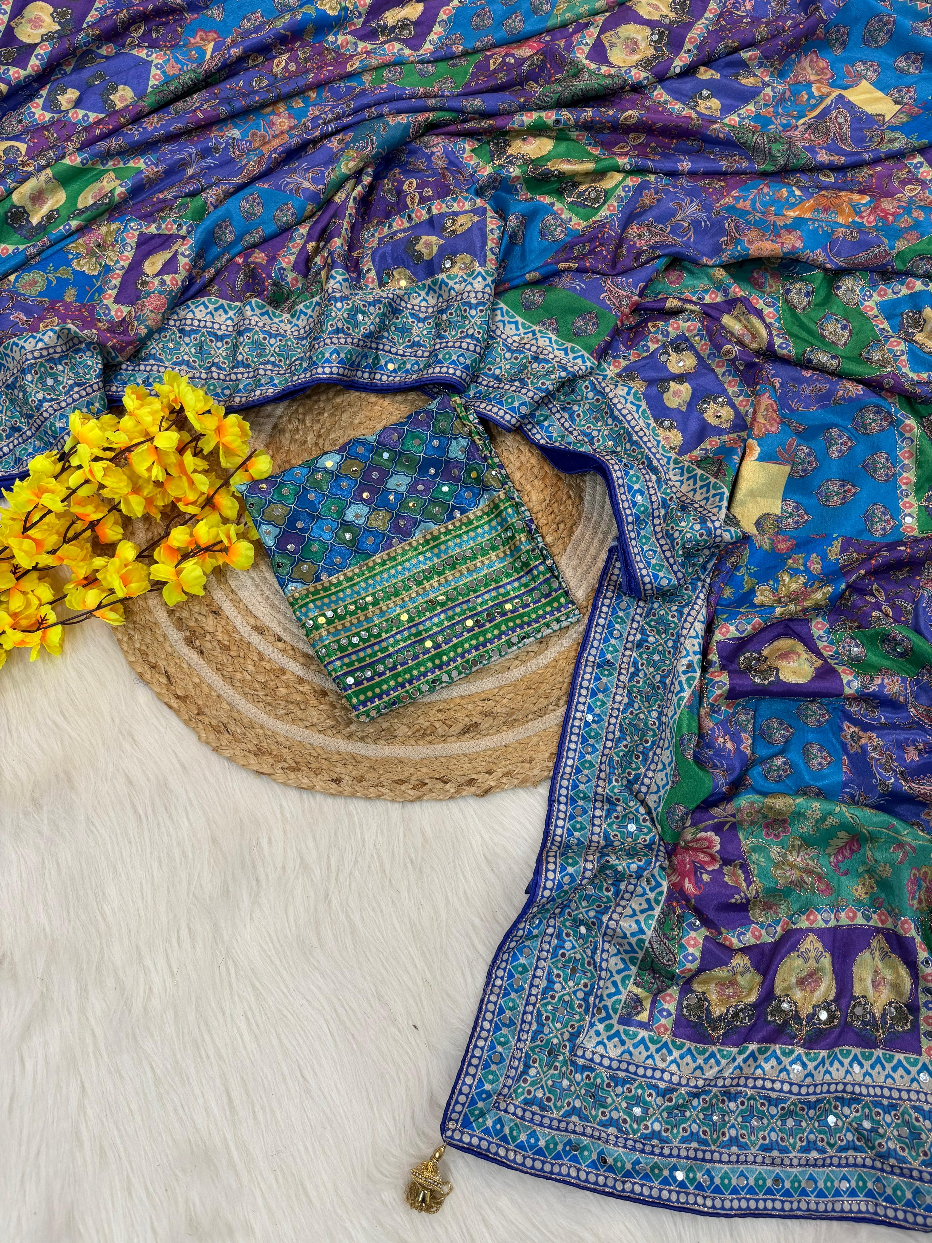 Trending New Ajrakh Saree with Mirror Work
