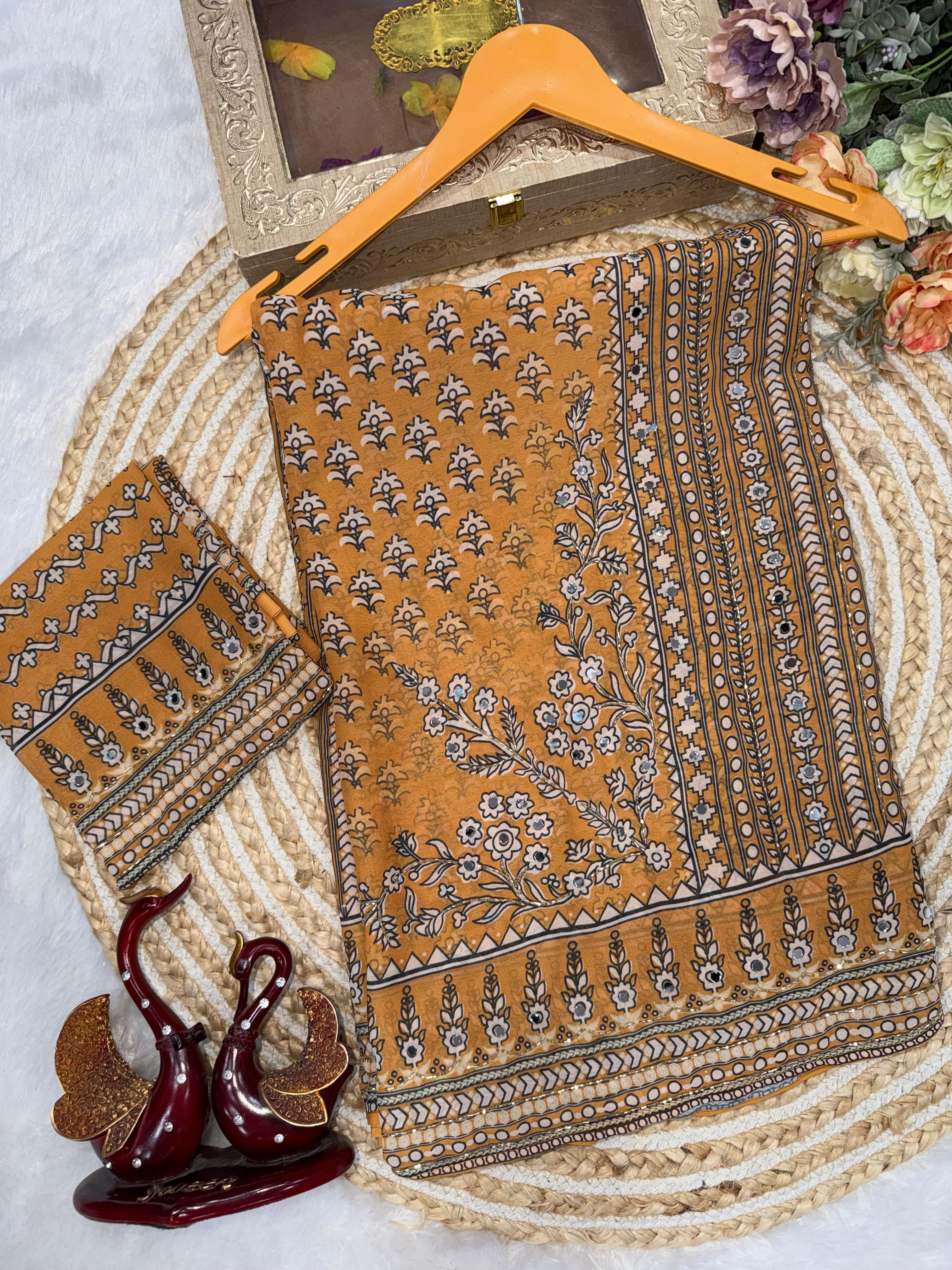 Ajrakh Designer Soft Fox Georgette Sarees with Cutdana and Mirror Work