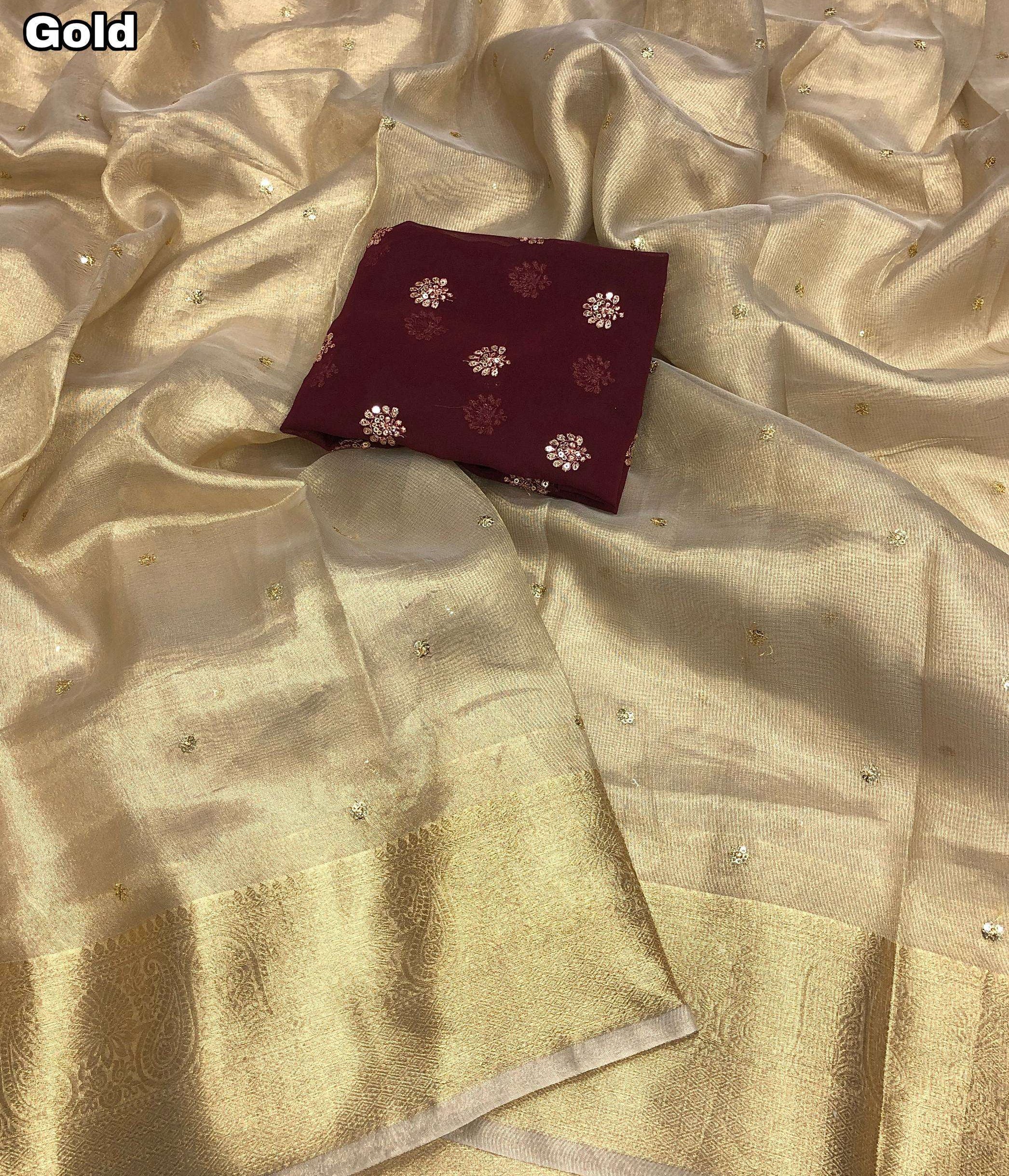 Gold Tissue Silk Saree with Embroidery & Sequence Work Blouse
