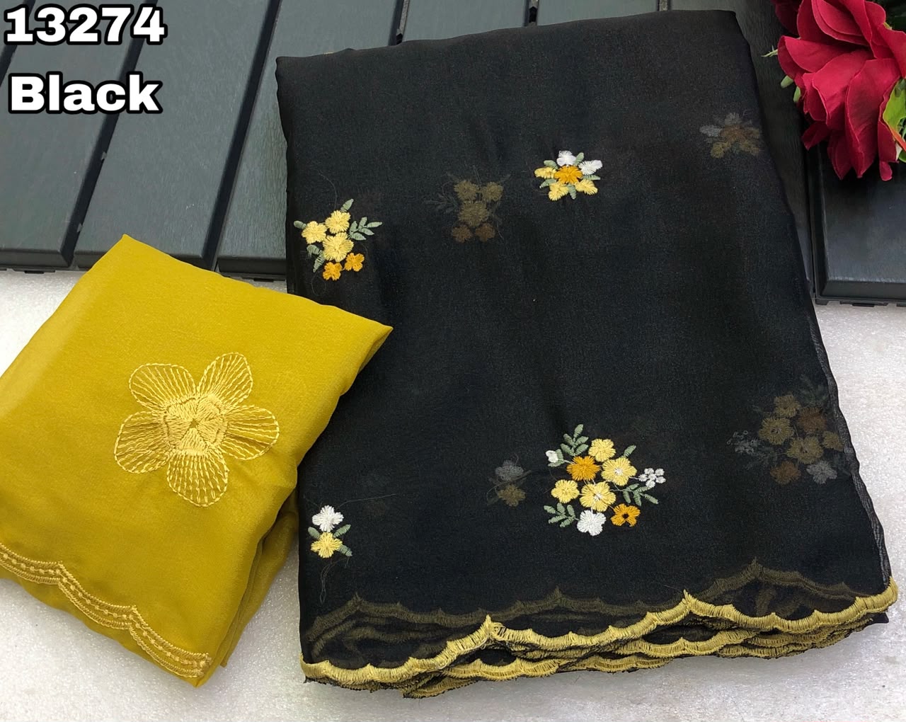 Star Georgette Floral Thread Embroidery Work With Scalloped Cutwork Border