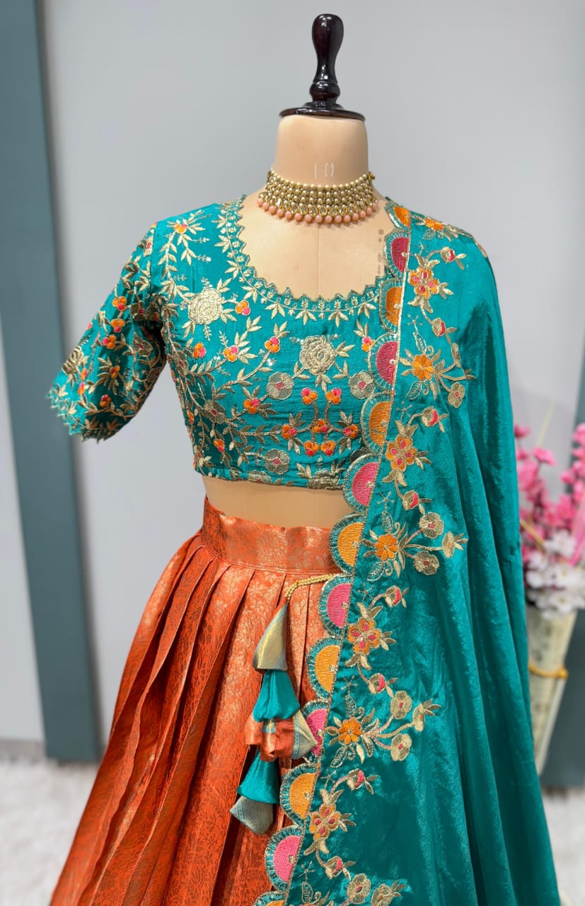 Exclusive Designer Premium Quality Kanjivaram fully stitched Lehenga With Designer Maggam work blouse & Designer Dupatta