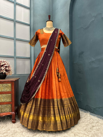 Full Stitched Gadhwal Lehanga with Kanchi Pattu Checks with jacquard border with fine finishing