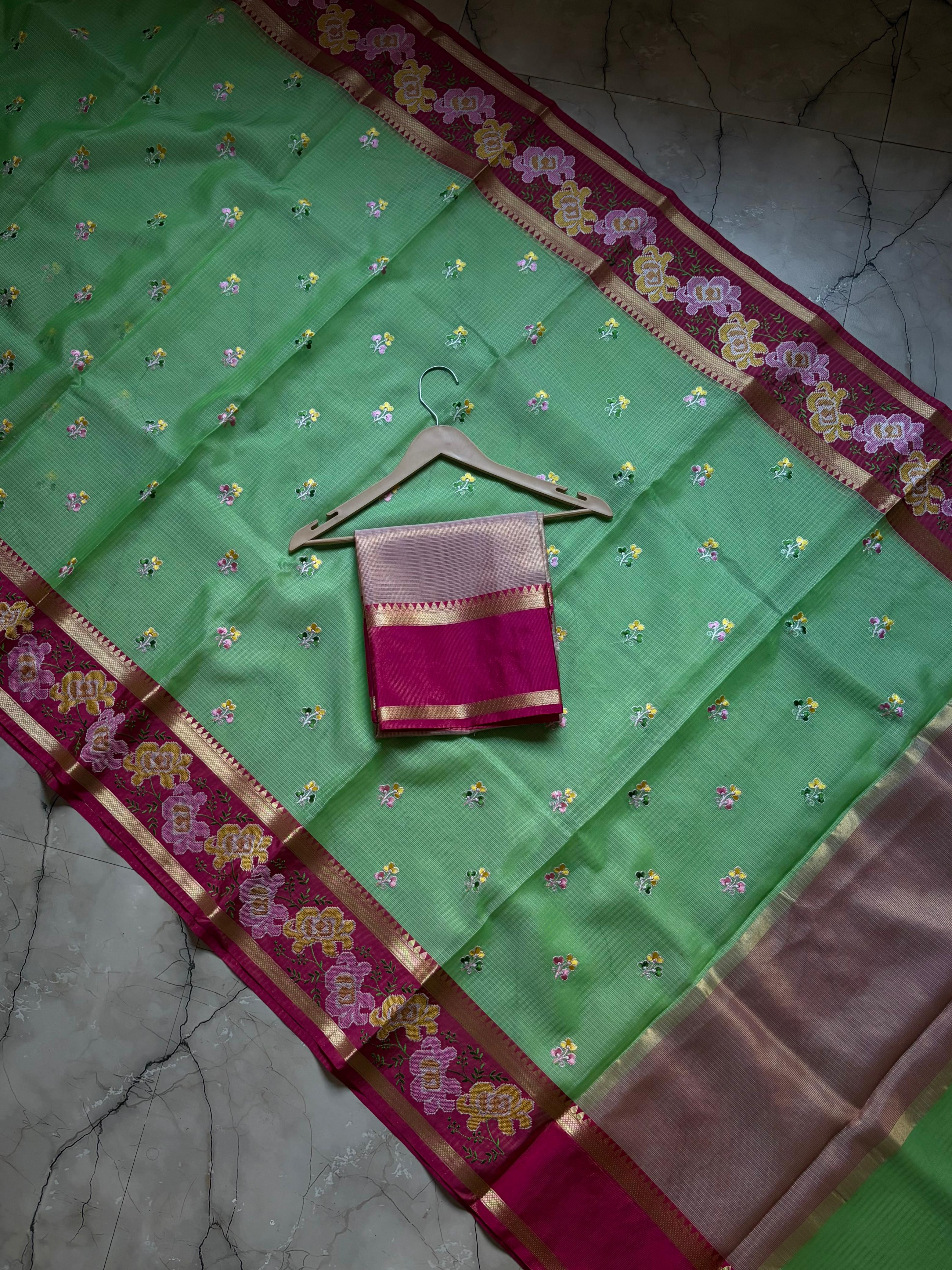 Banarasi Embroidery Pink Border Designer Kota Checks Sarees