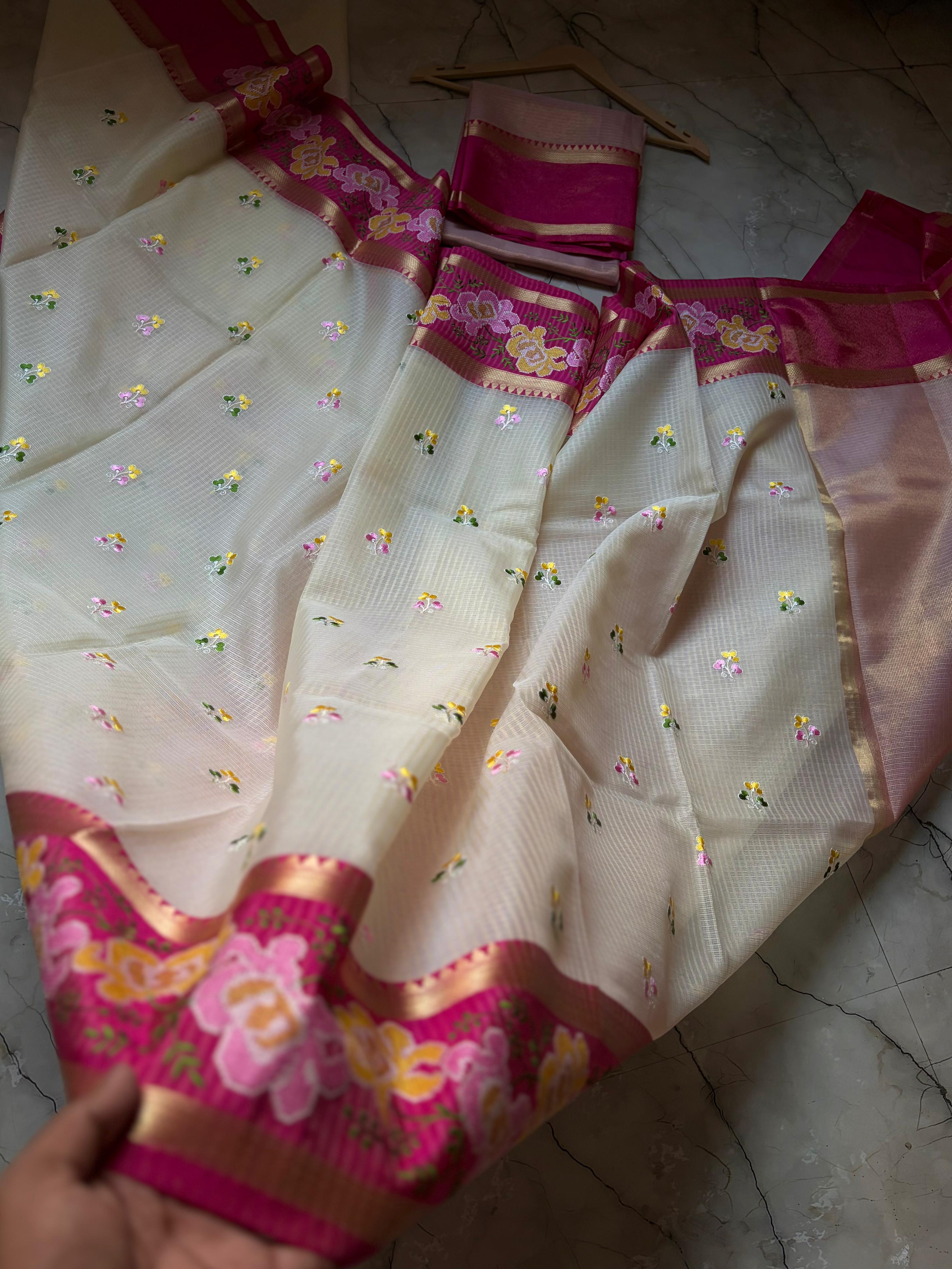 Banarasi Embroidery Pink Border Designer Kota Checks Sarees