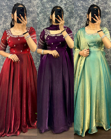 Premium Embroidery Sequence Gown with Dupatta