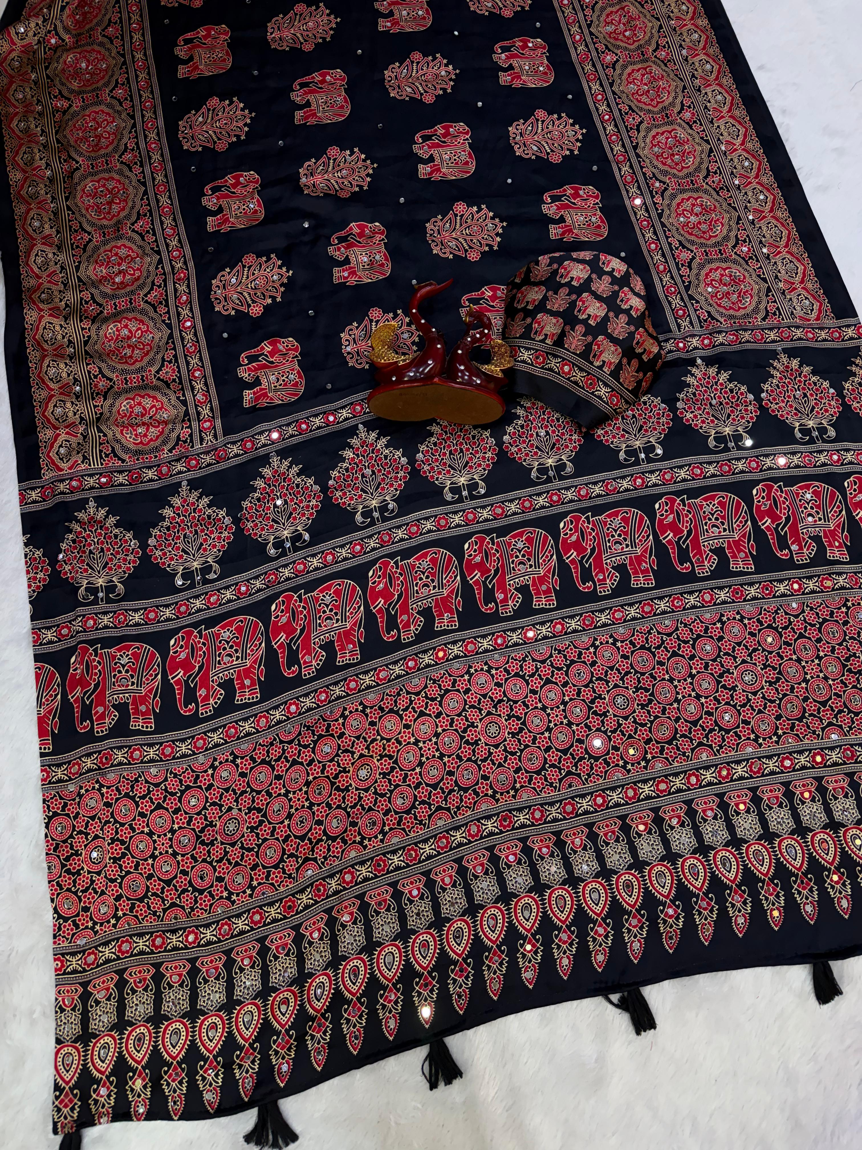 Beautiful Ajrakh Print with Real Mirror Work and Latkan