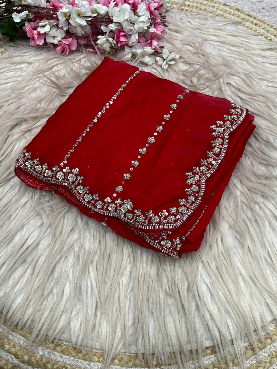 Fendy Satin Space Silk Saree with Premium Beads Handwork