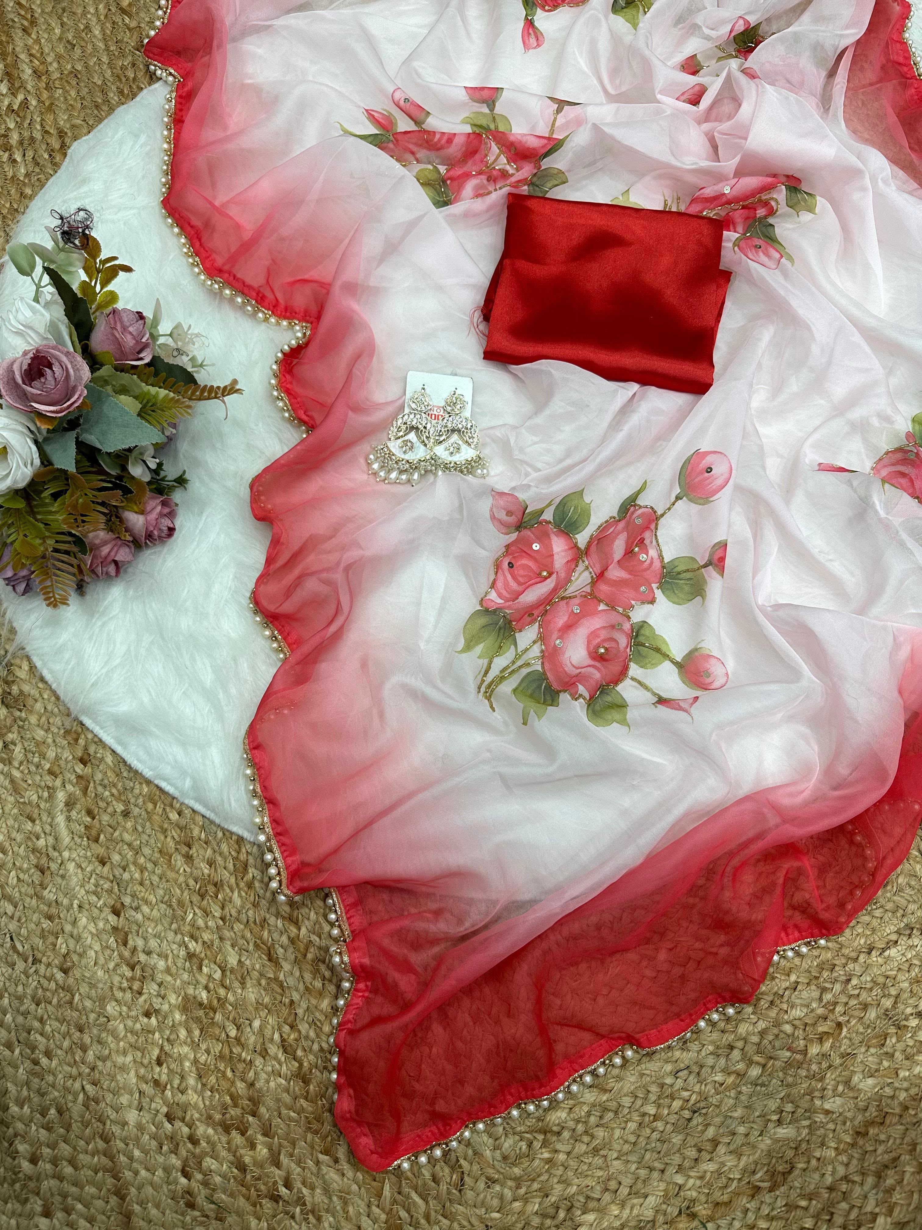 Tebby Silk Half Half Concept Saree with Designer Handwork and Moti Lace Border