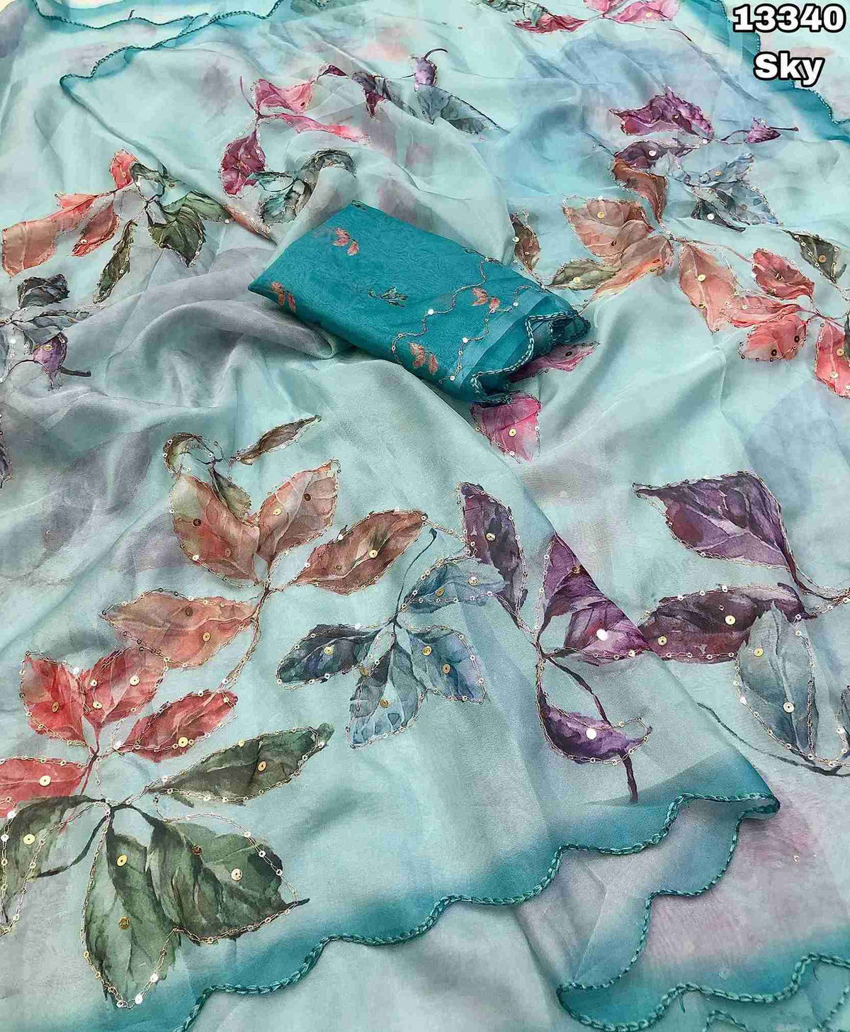 Tebby Organza Floral Leaf Design With Embroidery & Sequence Work & Scalloped Cutwork Border