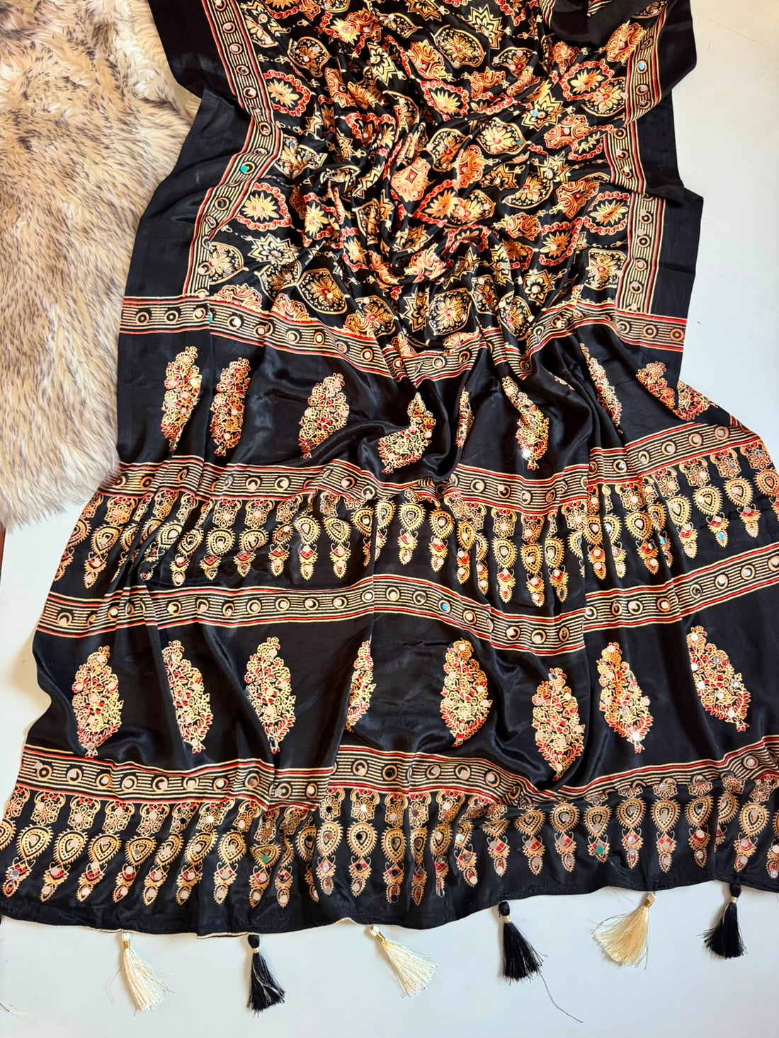 Ajrakh Sarees with Mirror Work