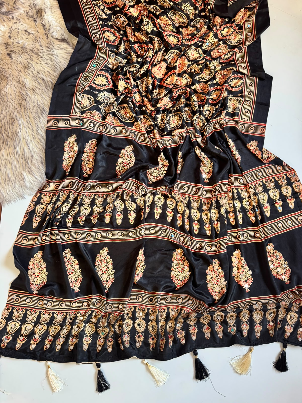 Ajrakh Sarees with Mirror Work