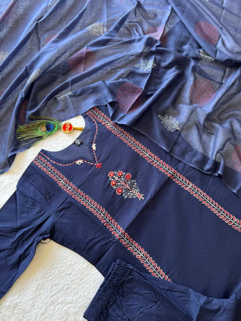 Pure Mul Cotton Kurta with Hand Block Print & Real Mirror Work
