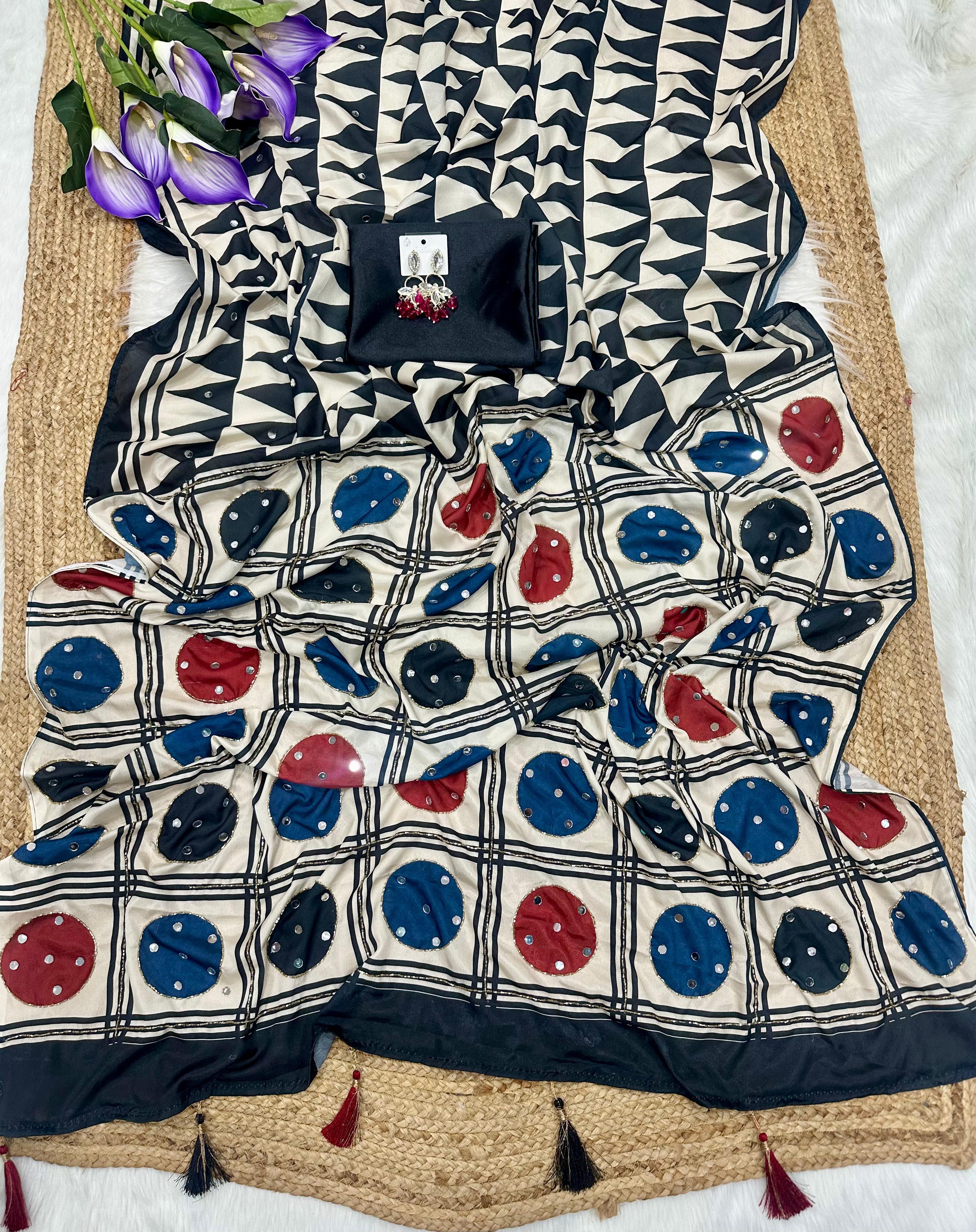 New Ajrakh Designer Handwork Party Wear Saree with Original Mirror Work