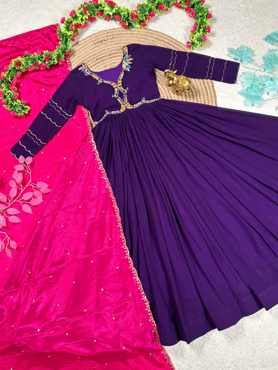 Purple Maggam Work Anarkali Dress with Duppata