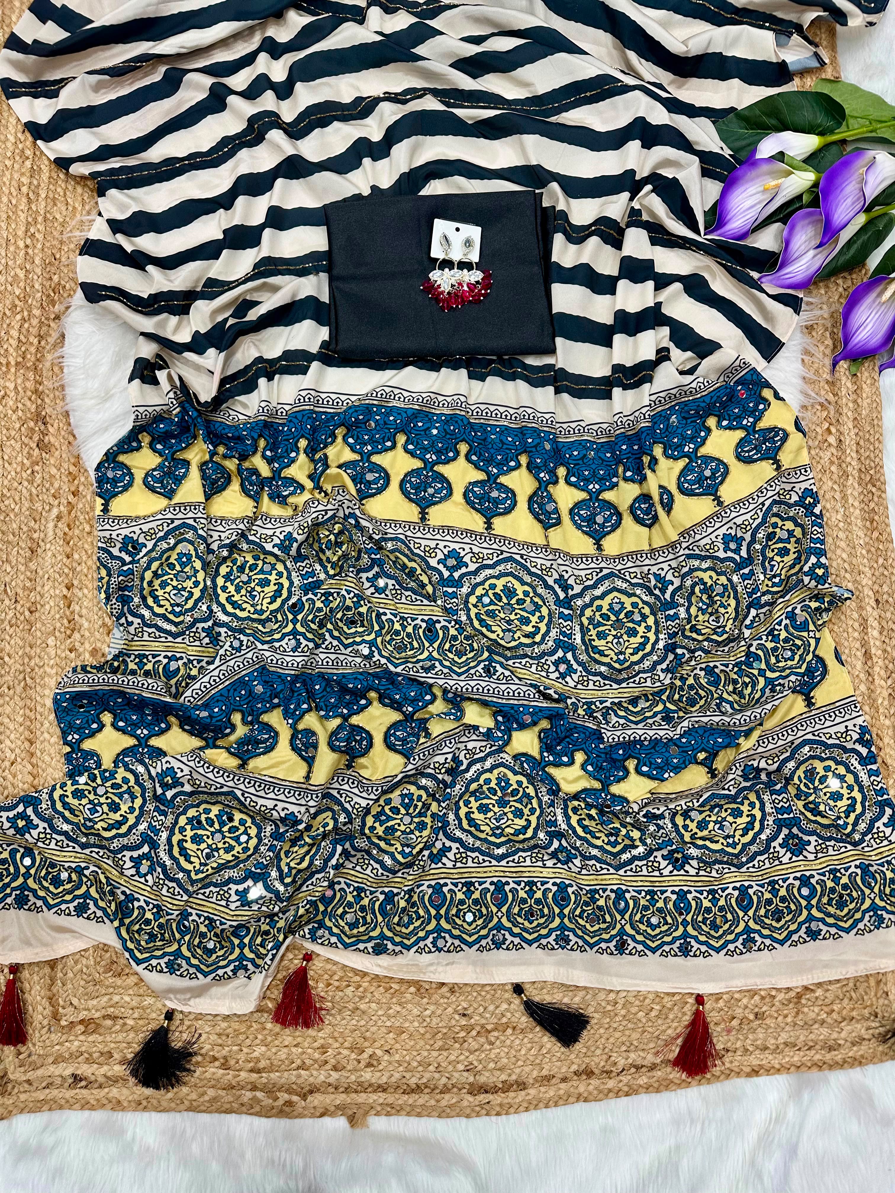 Crape mirror work semi partywear sarees