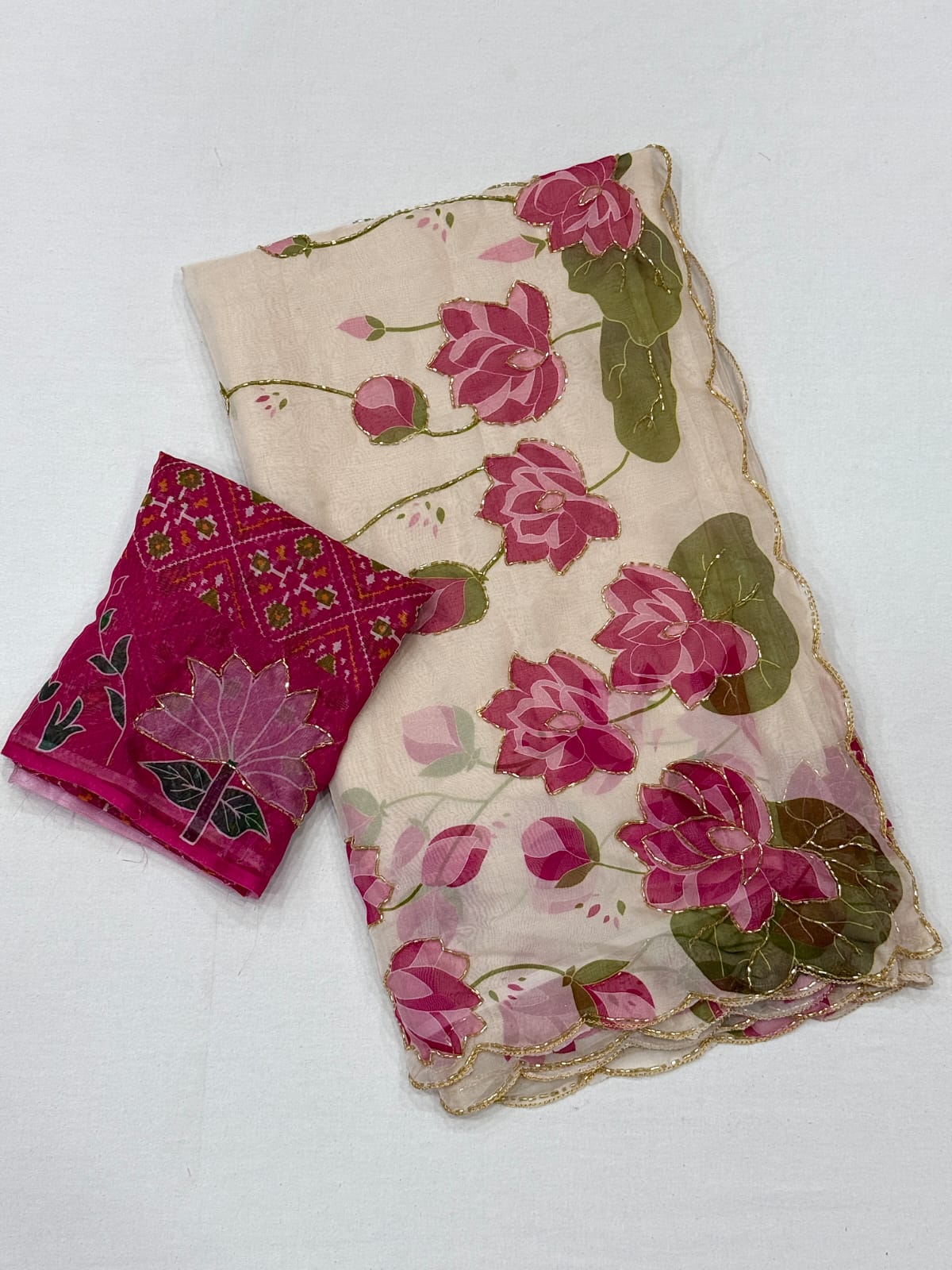 Soft Tebby Silk with Digital Floral Design with Beautiful Katdana Handwork