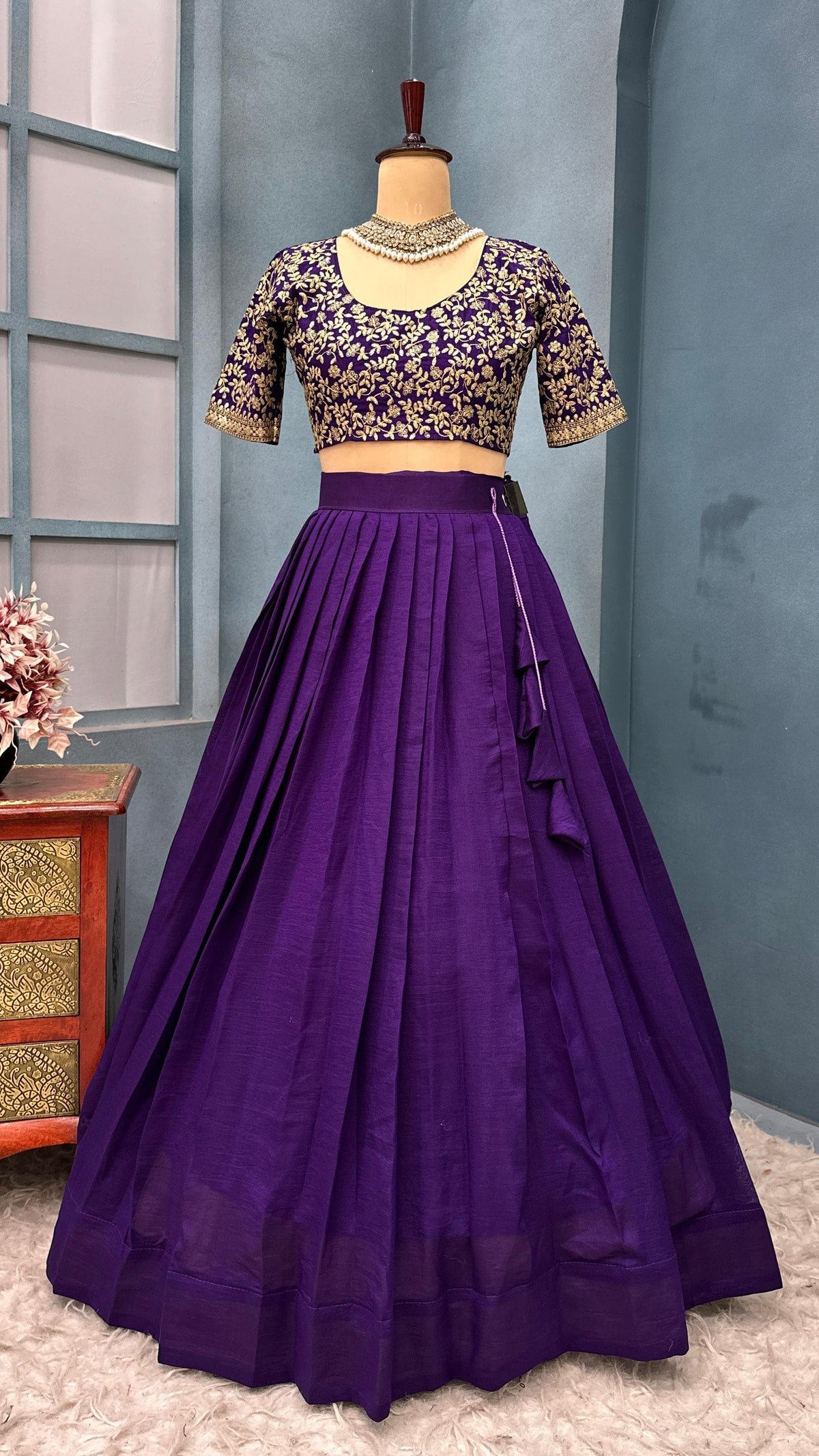 Premium Vichitra Silk with Maggam Work and Fully Stitched Lehangas