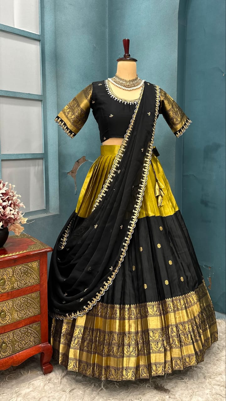 Premium Quality Fully Stitched Kanjivaram with tissue silk dual combination Lehanga