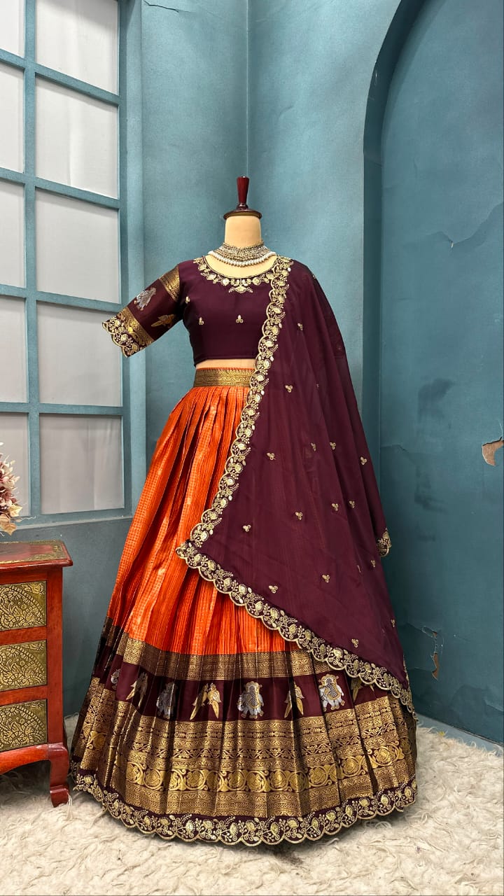 Designer Premium Fully Stitched Kanjivaram Silk Lehanga