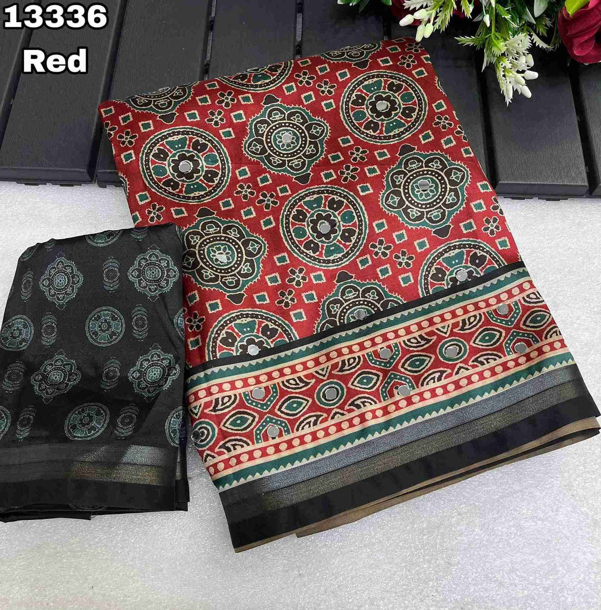 Soft & Smooth Silk Crape Ajrakh Design Digital Print With Original Mirror Work & Zari Weaving Borde
