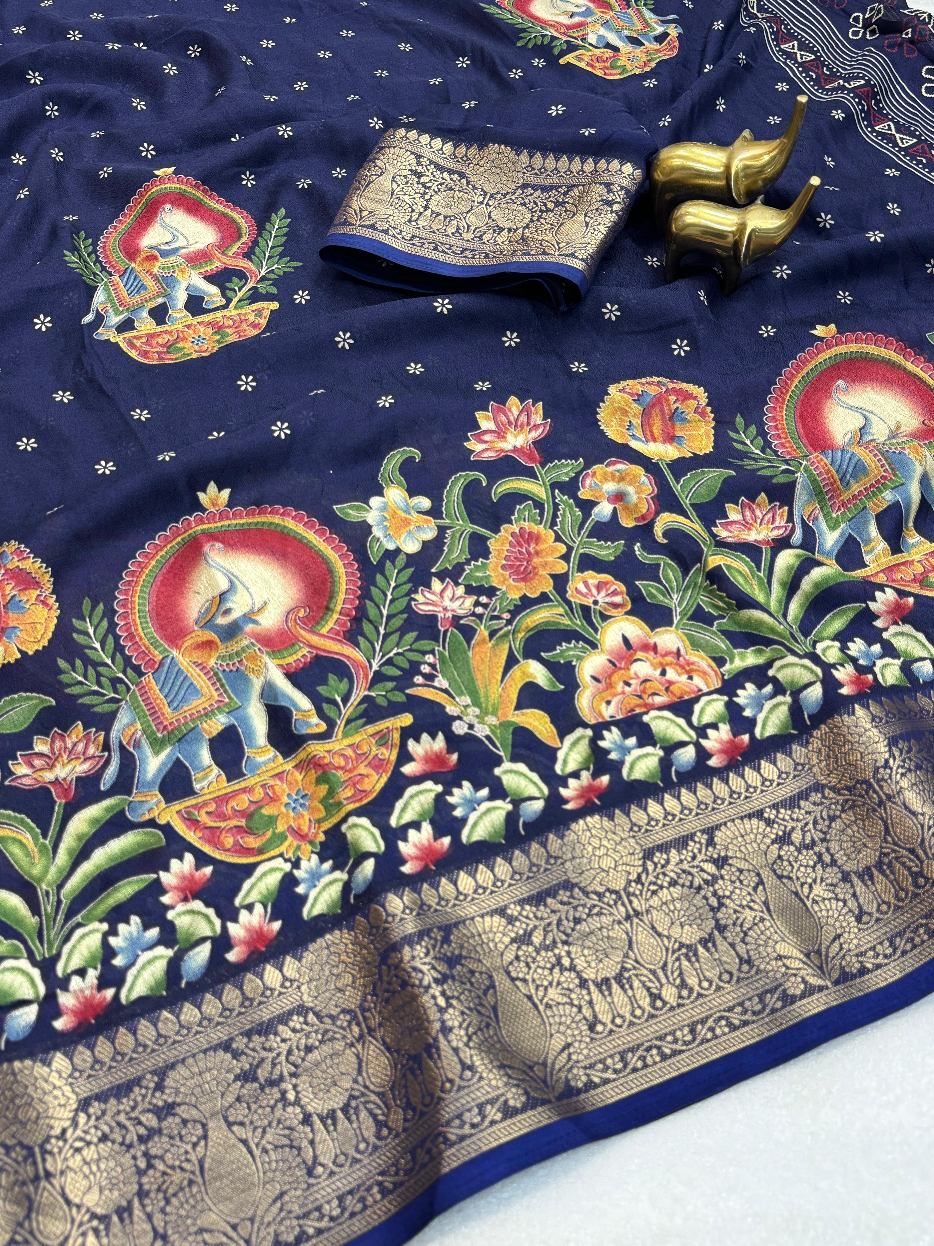 MASSMELLO SELF JEQURED SAREE HEAVY JEQ BORDER KALMKARI PRINT SAREE 