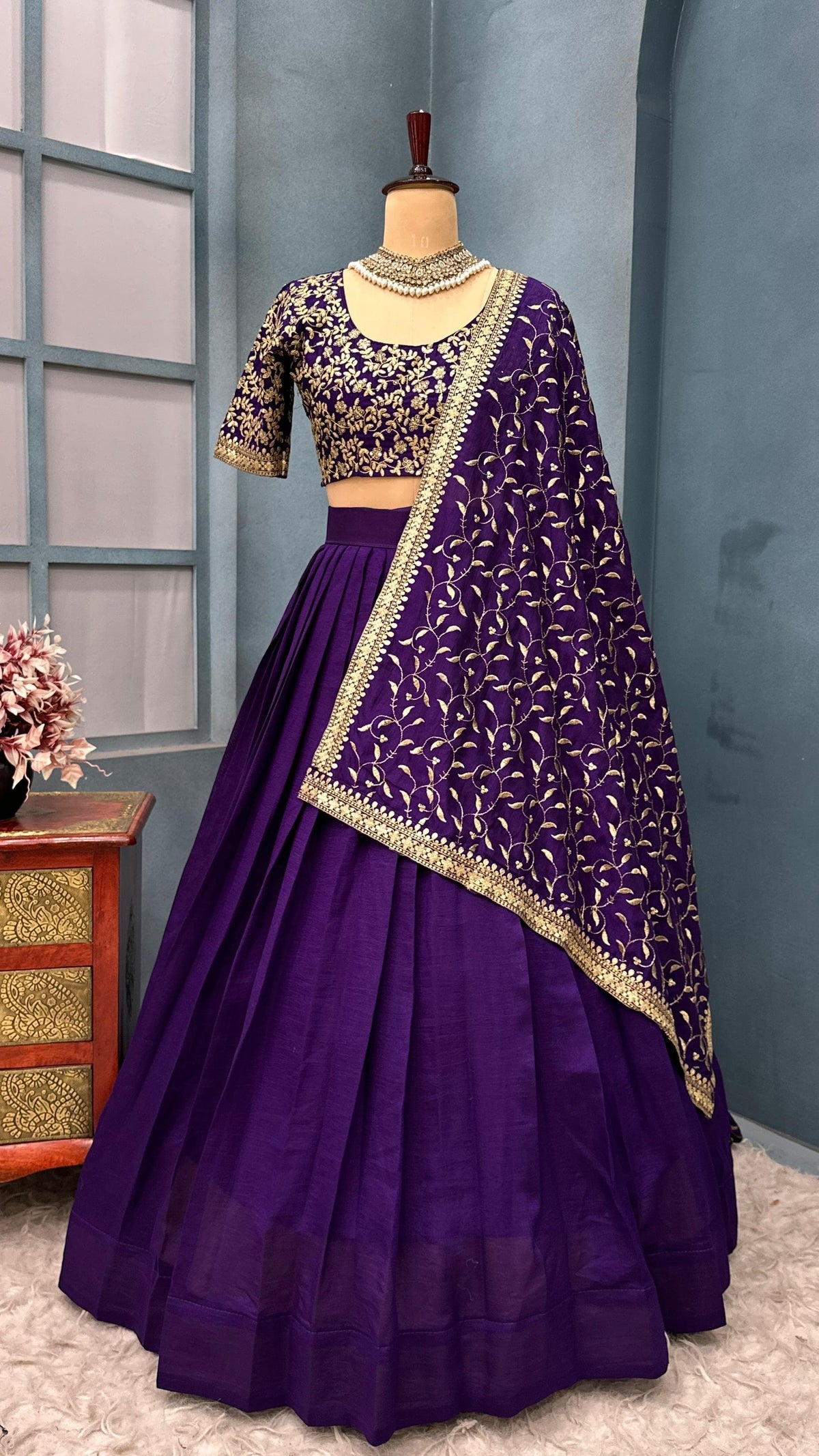 Premium Vichitra Silk with Maggam Work and Fully Stitched Lehangas