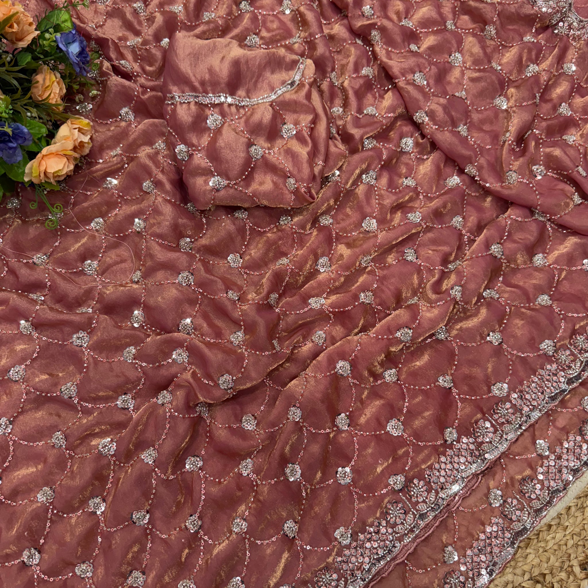 Premium Soft Space Sattin Dual Shad Saree Beeds Tone To Tone Work Saree With Running Blouse