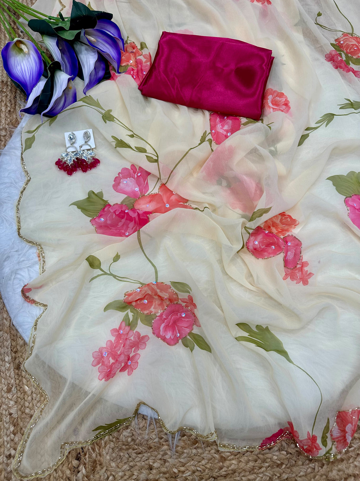 Soft Georgette Sarees with Digital Print & Designer Valmoti Handwork