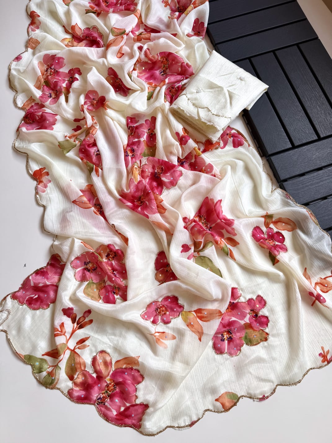 Soft Chinnon Silk with Beautiful Flower Print With Handwork Light Weight Sarees