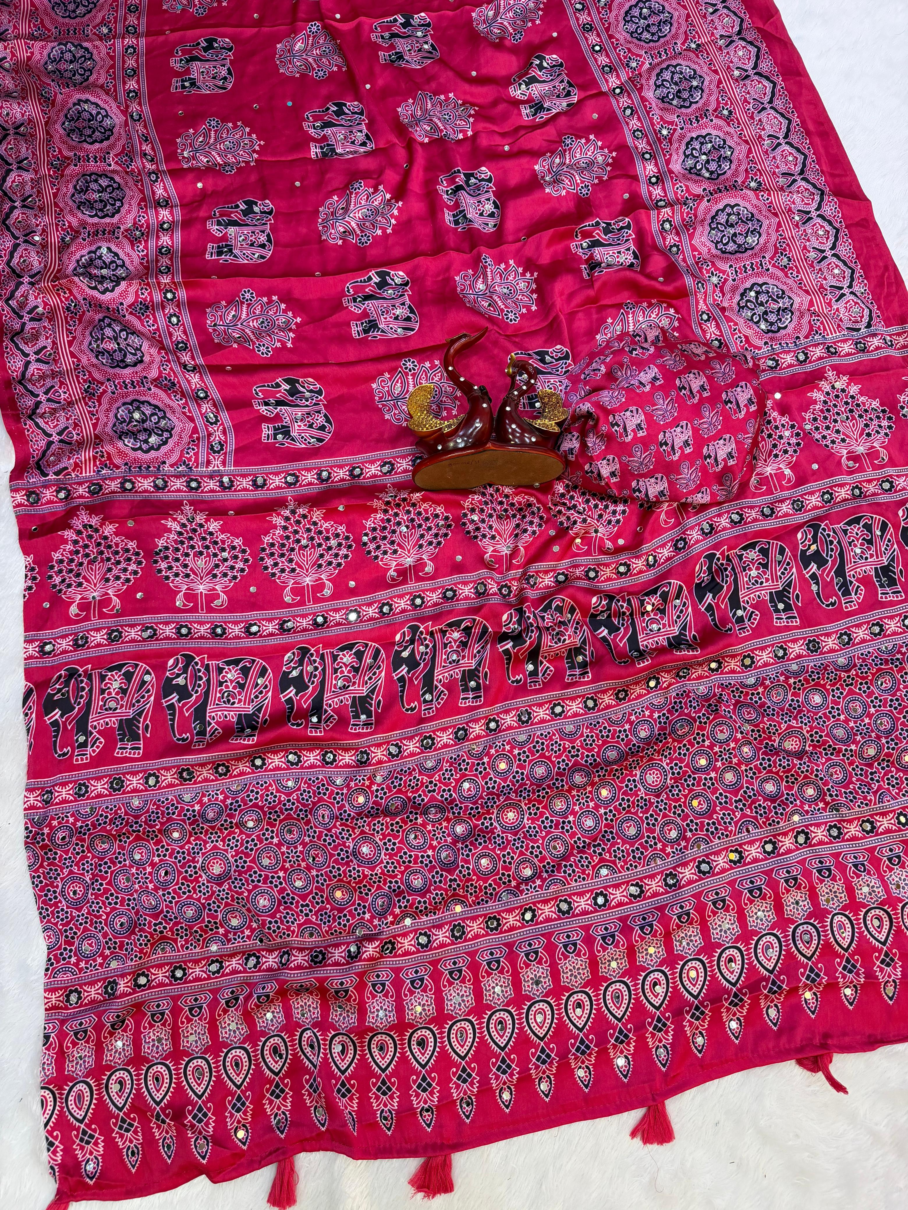 Beautiful Ajrakh Print with Real Mirror Work and Latkan