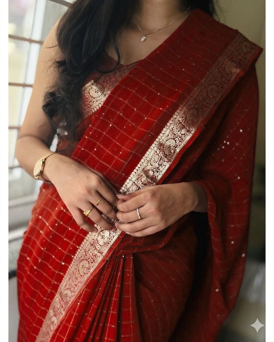 Viscose Georgette Sequence Worked Saree With Weaving Butti Blouse