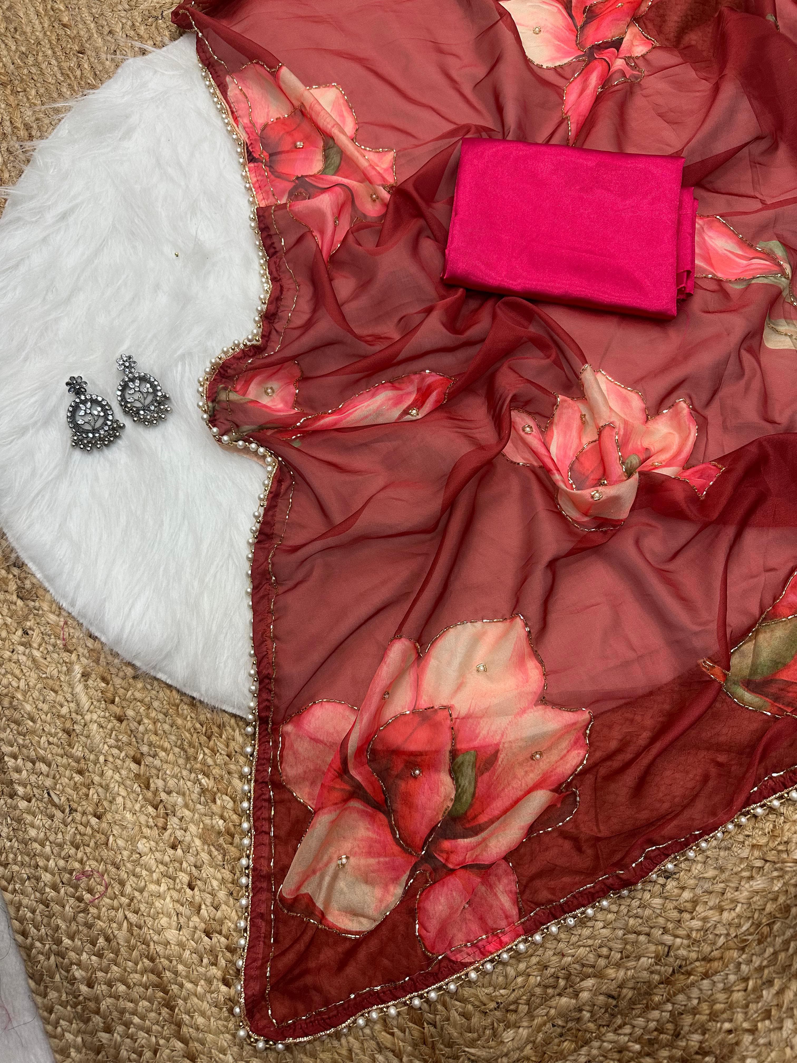 Georgette Silk with Designer Handwork Saree and Moti Lace Border