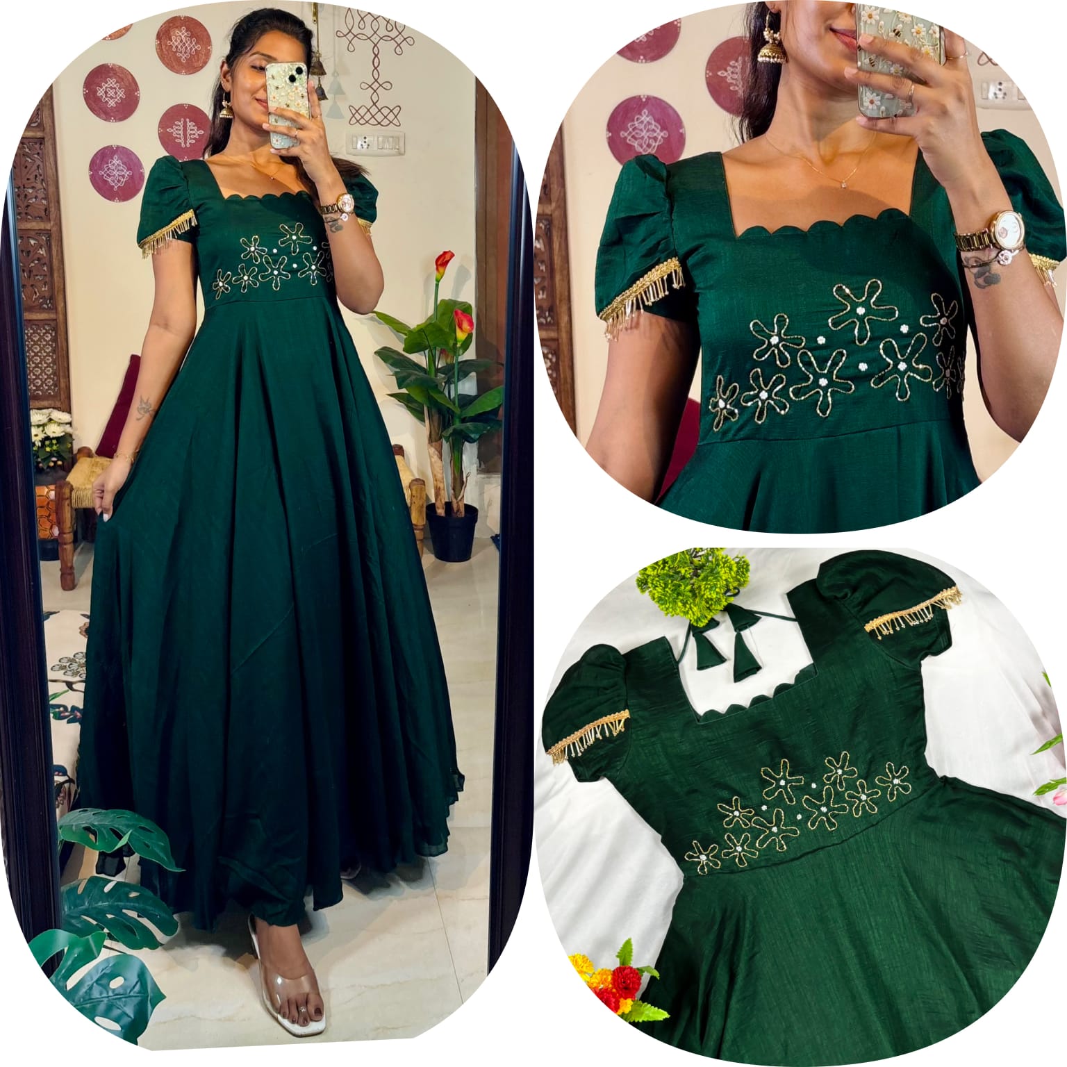 Upto 3XL- Vichitra Blooming Floor length Gown handwork in wrist and scallop neck double sleeves with hanging lace
