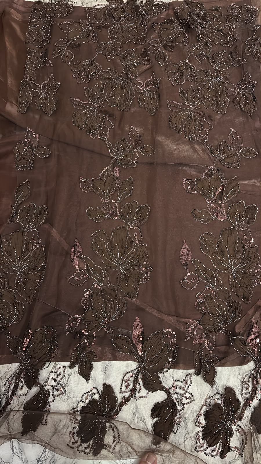 Beautiful Designer Saree in Coffee Color with Ribbon Beads Designer Worked Blouse